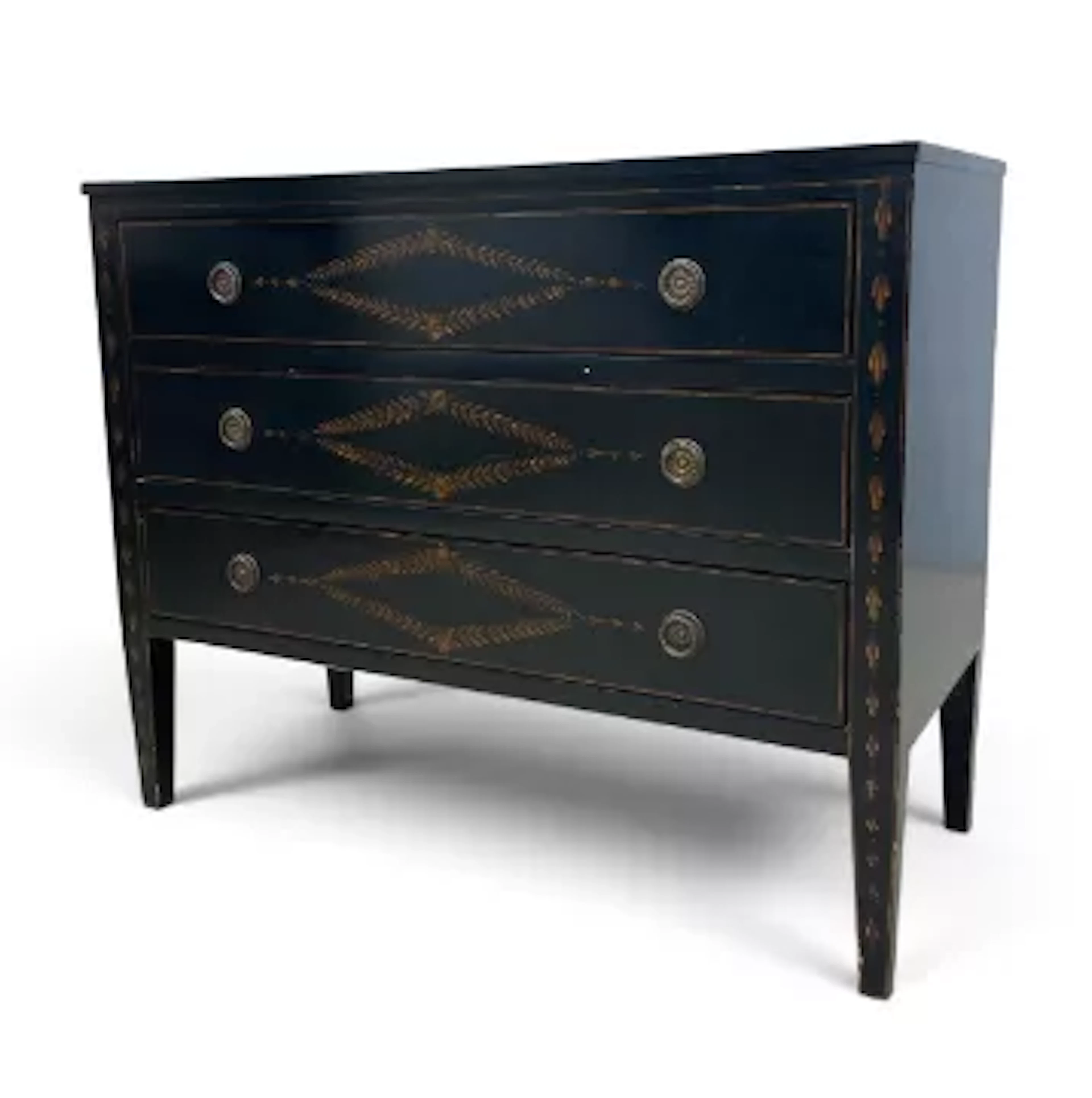 A Gustavian style chest of three long drawers with hand decorated