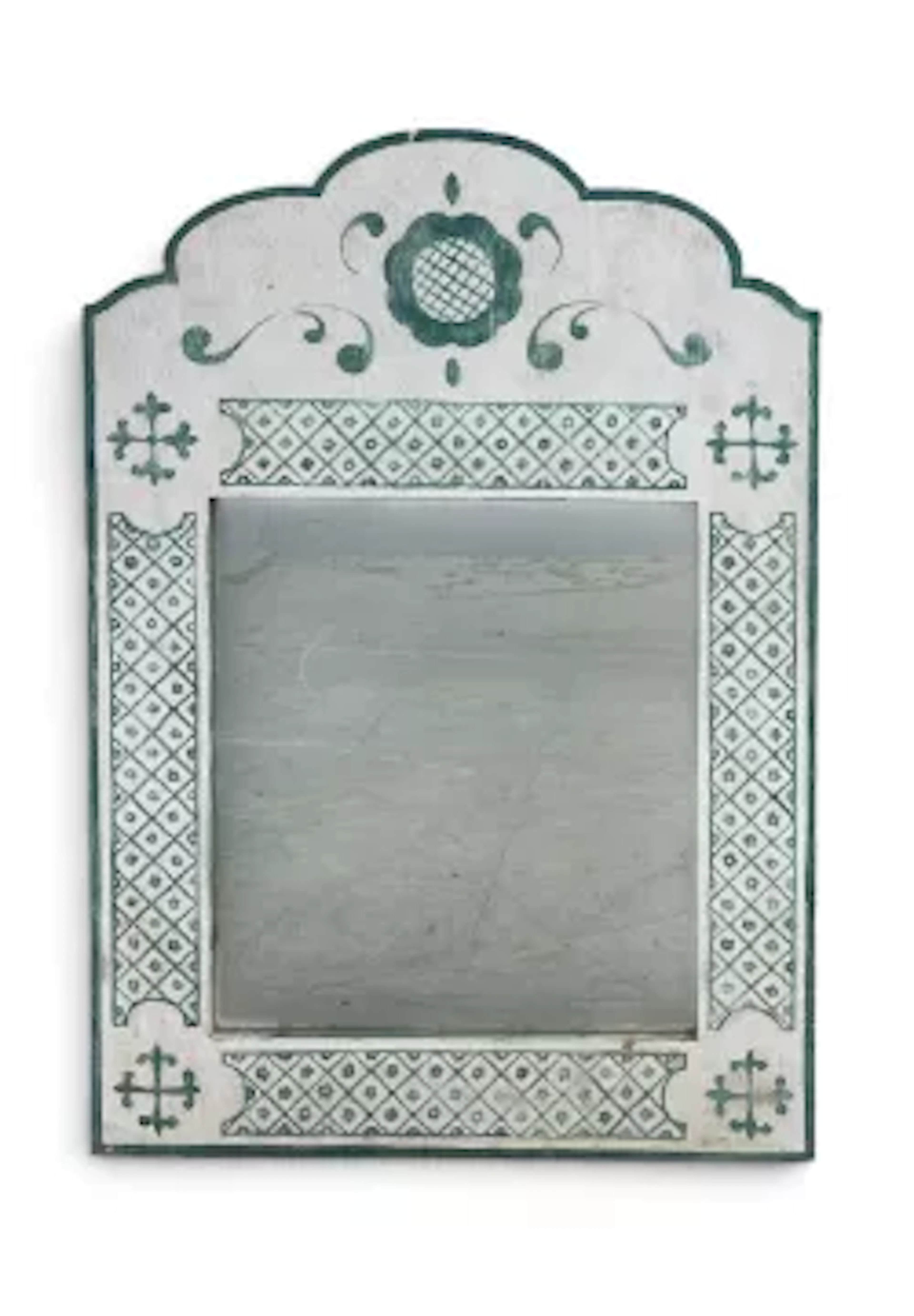 A contemporary wall mirror in a painted shaped frame. H.85 x W.60cm