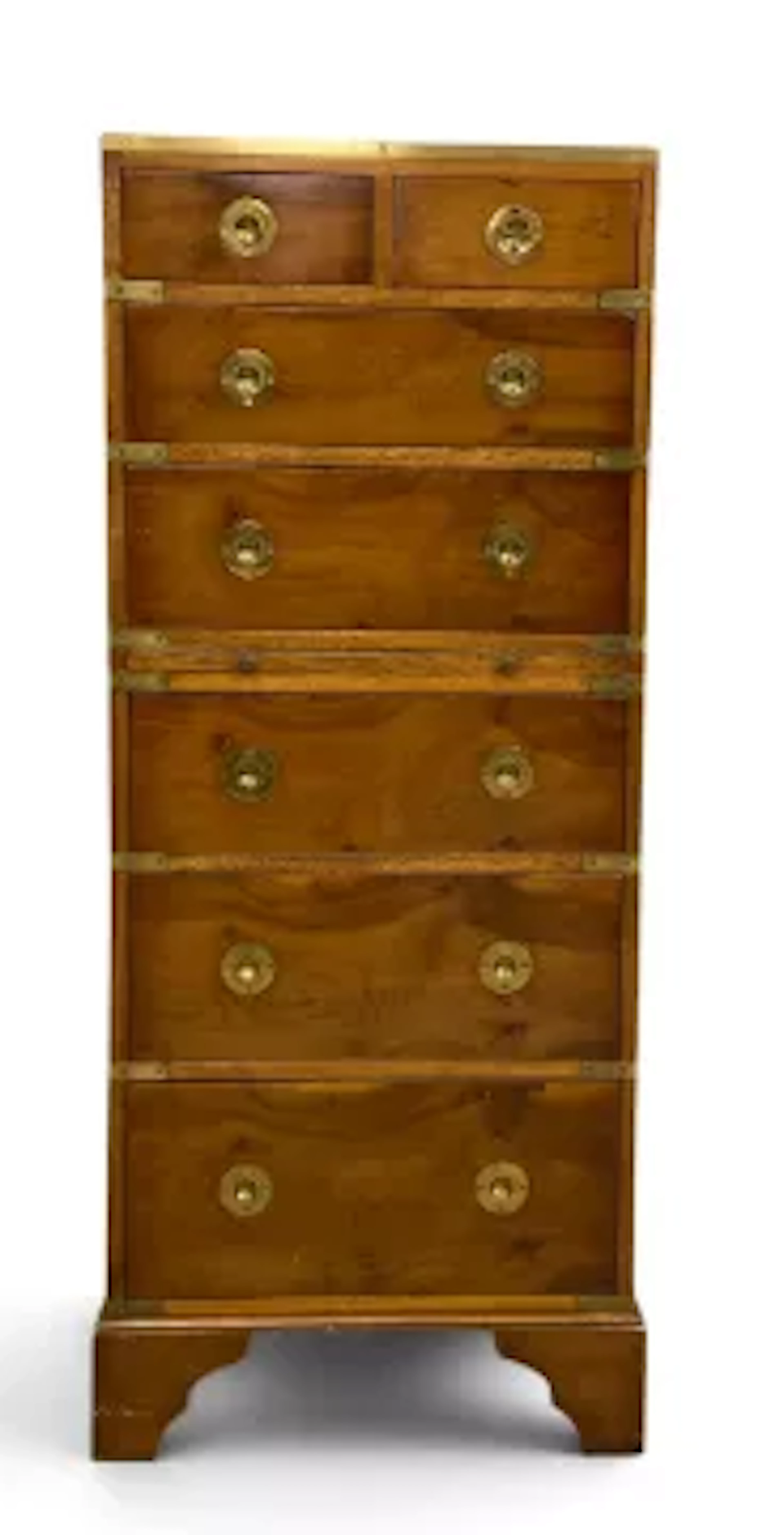 A late 20th century campaign style yew-wood military chest, brass