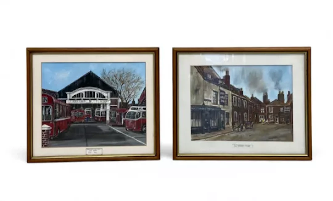 A pair of framed and glazed acrylic paintings, Eastern Counties bus