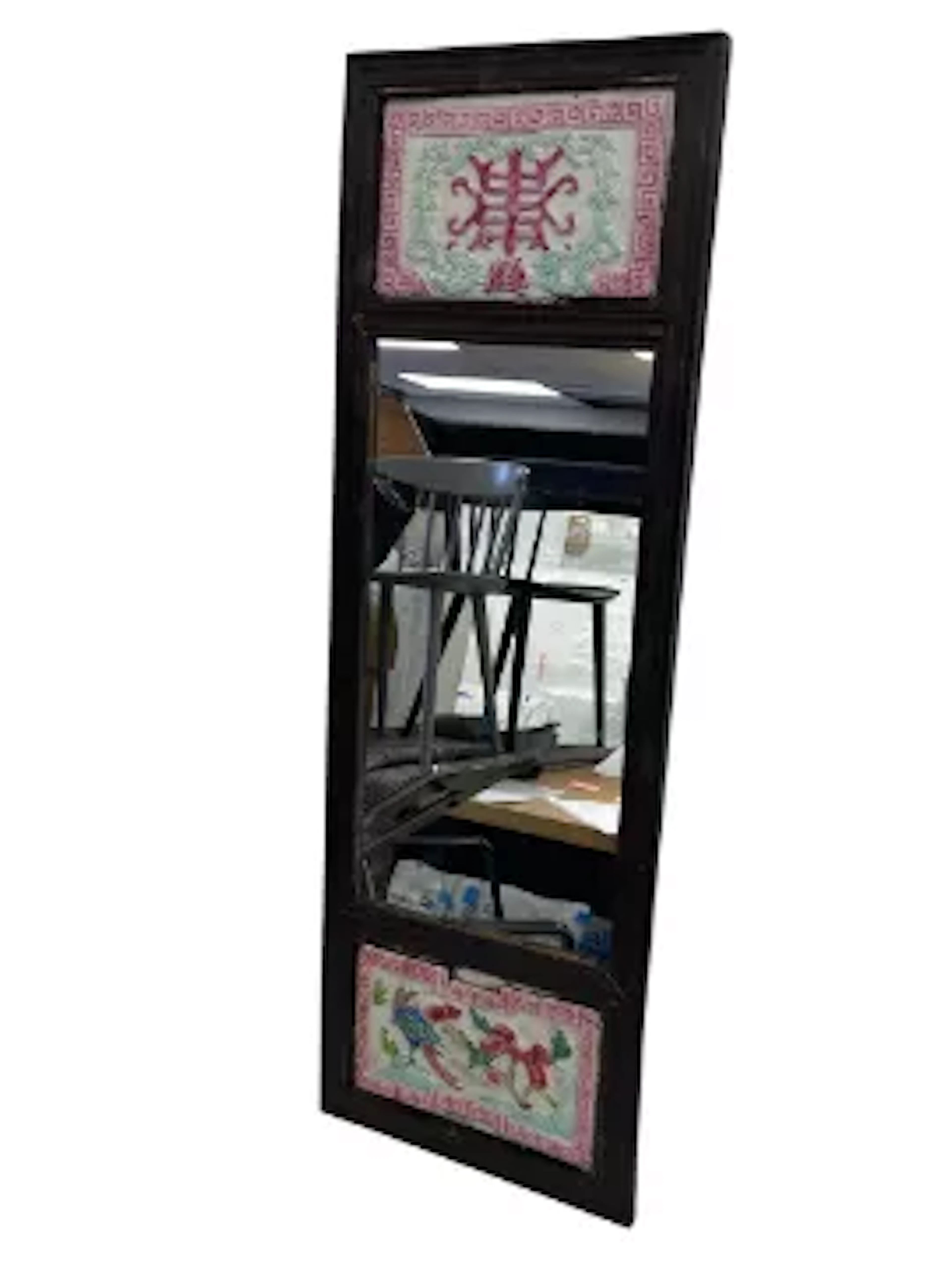 An early 20th century pier mirror with a Chinese porcelain tile frieze