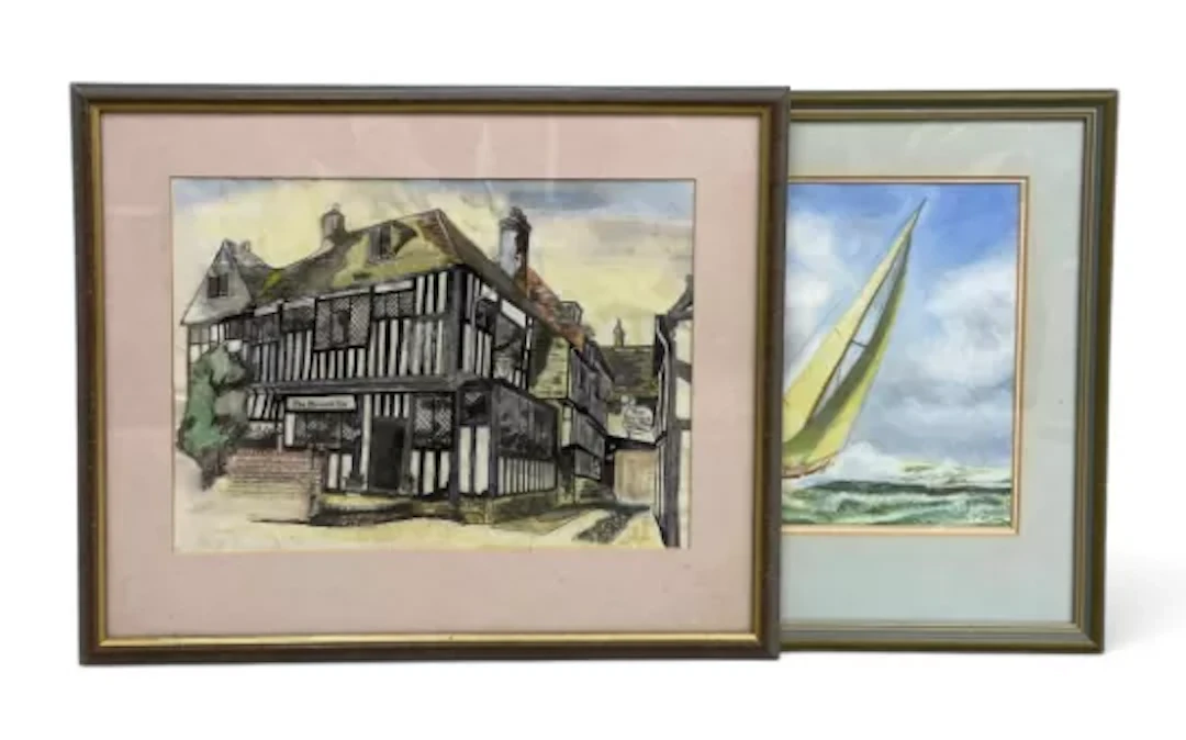 Two watercolours, 'The Mermaid Inn' Rye, Sussex and sailing boats