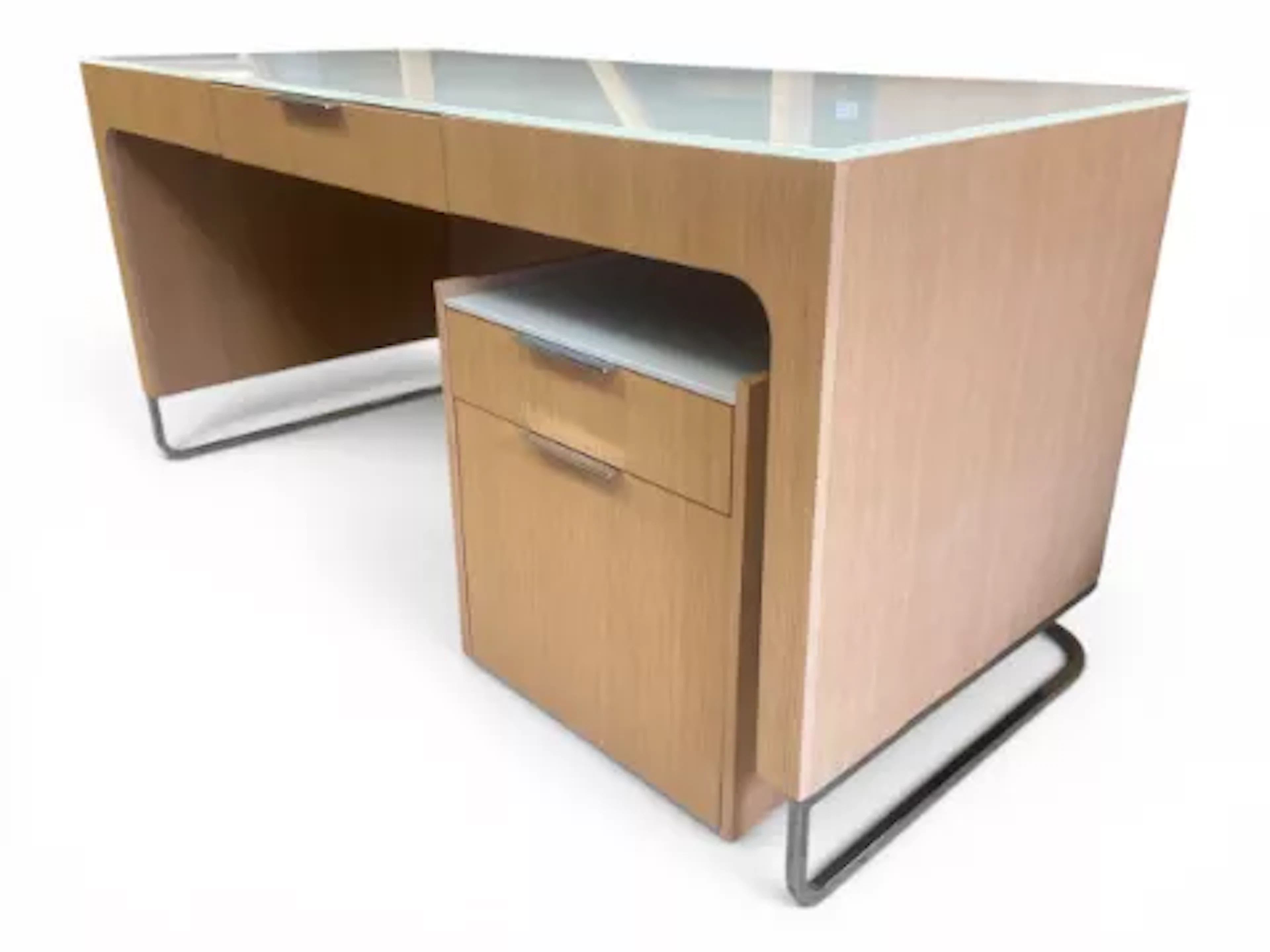 A contemporary Hyannis Port writing desk with a shaped white glass