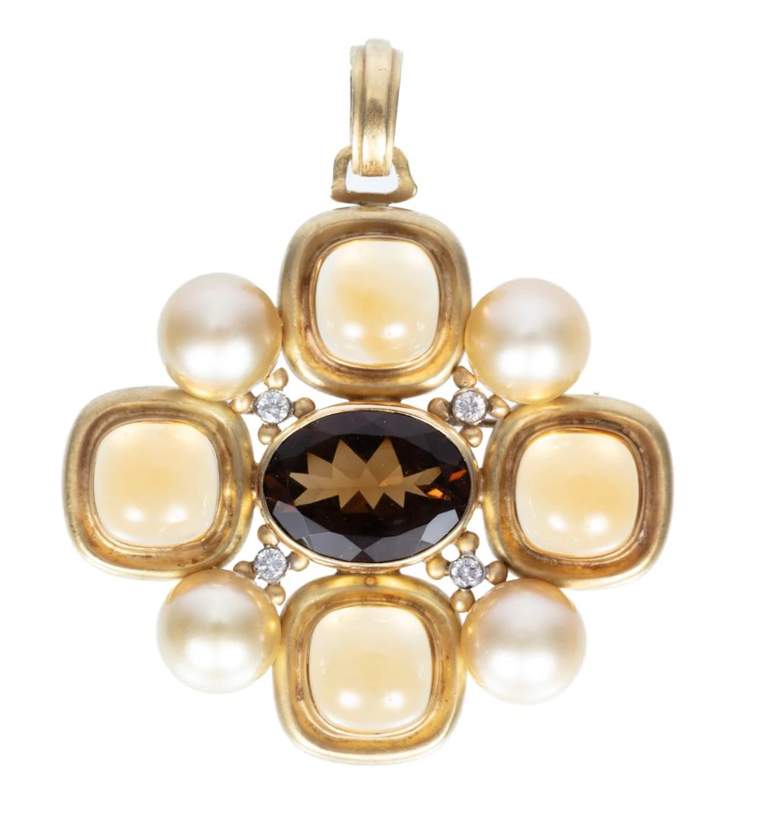 18 kt. Yellow Gold Moonstone, Topaz, Pearl, and Diamond Pendant Brooch