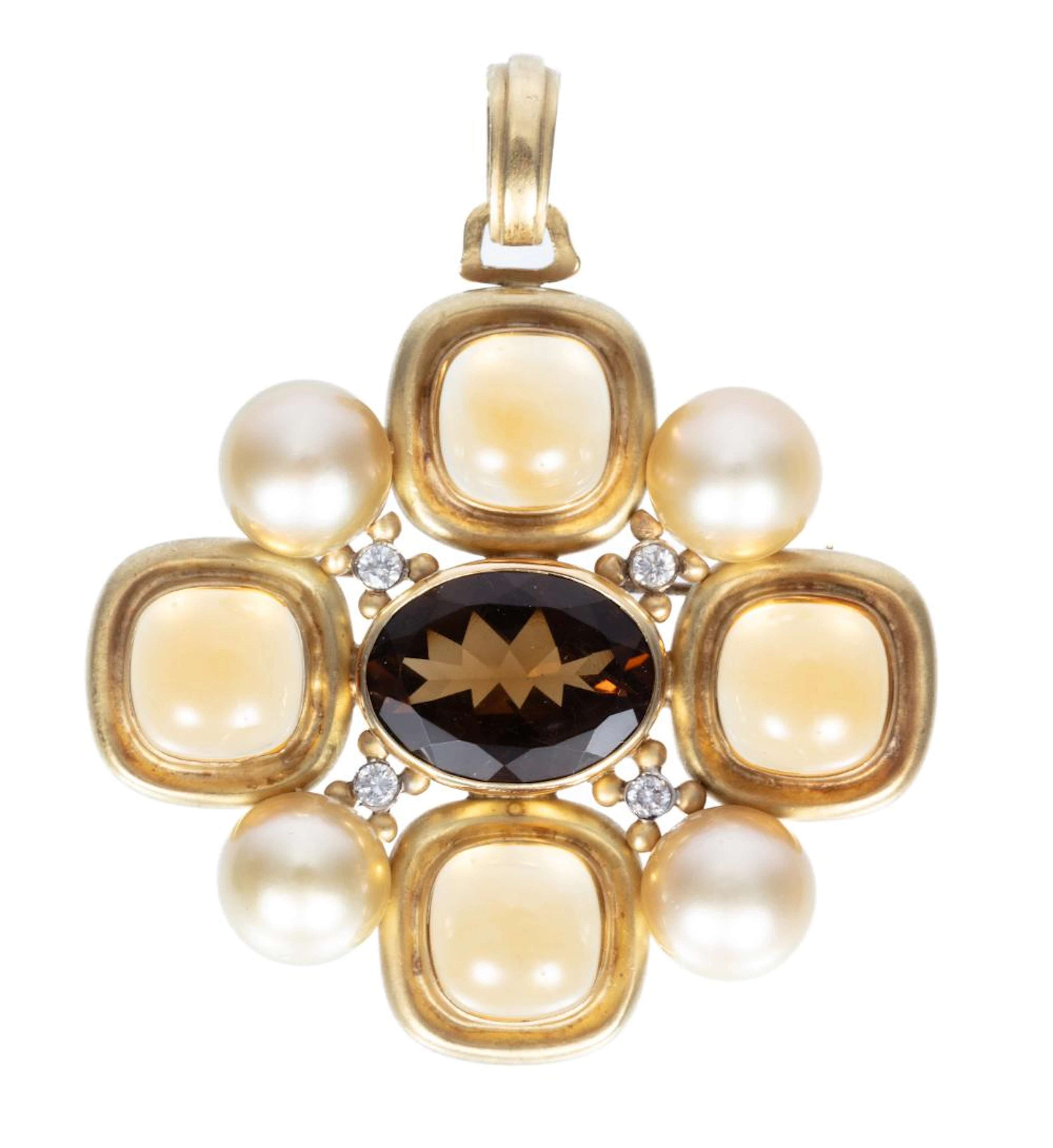 18 kt. Yellow Gold Moonstone, Topaz, Pearl, and Diamond Pendant Brooch