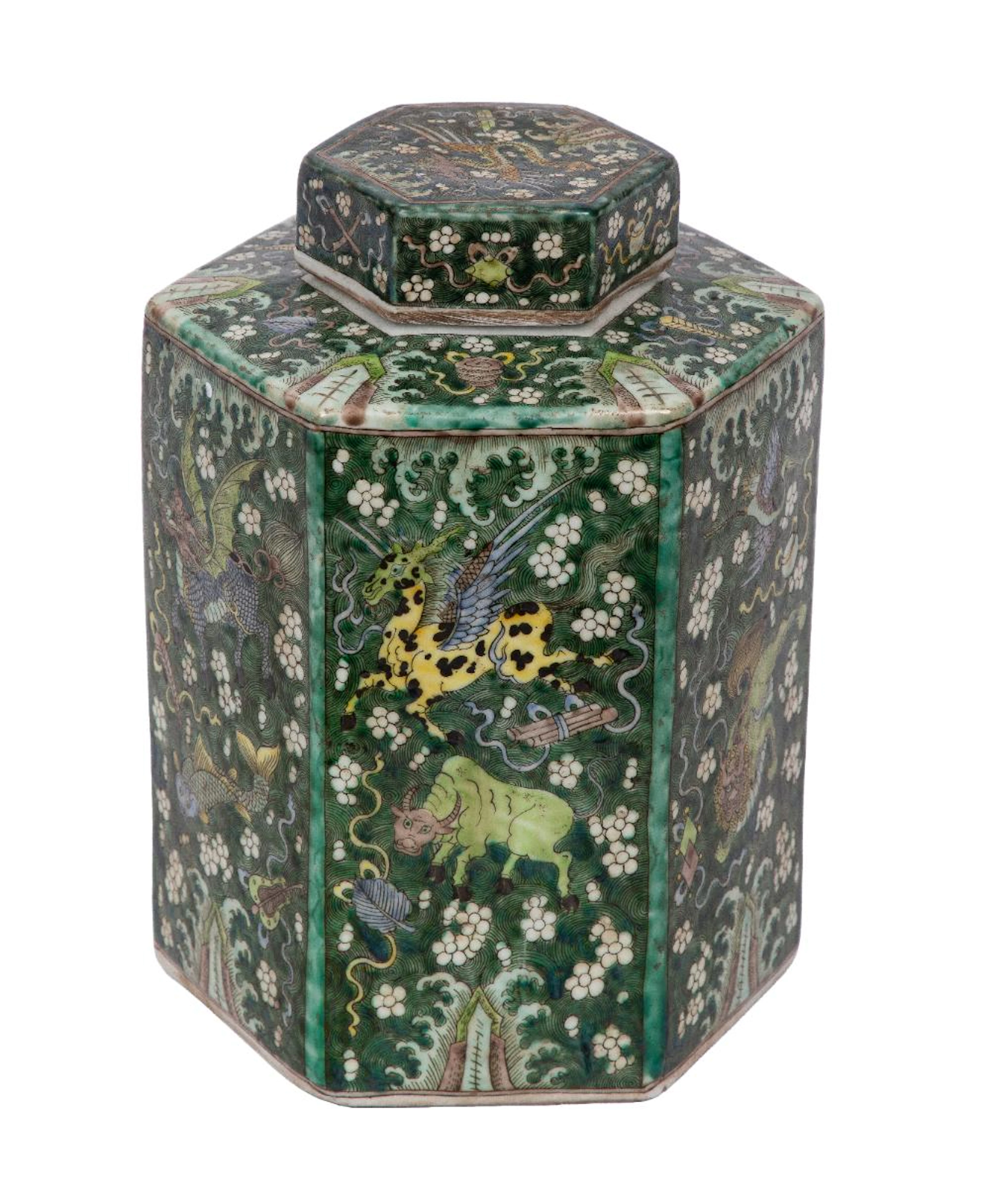 Chinese Famille Verte Enameled "Five Spirits" Hexagonal Tea Canister