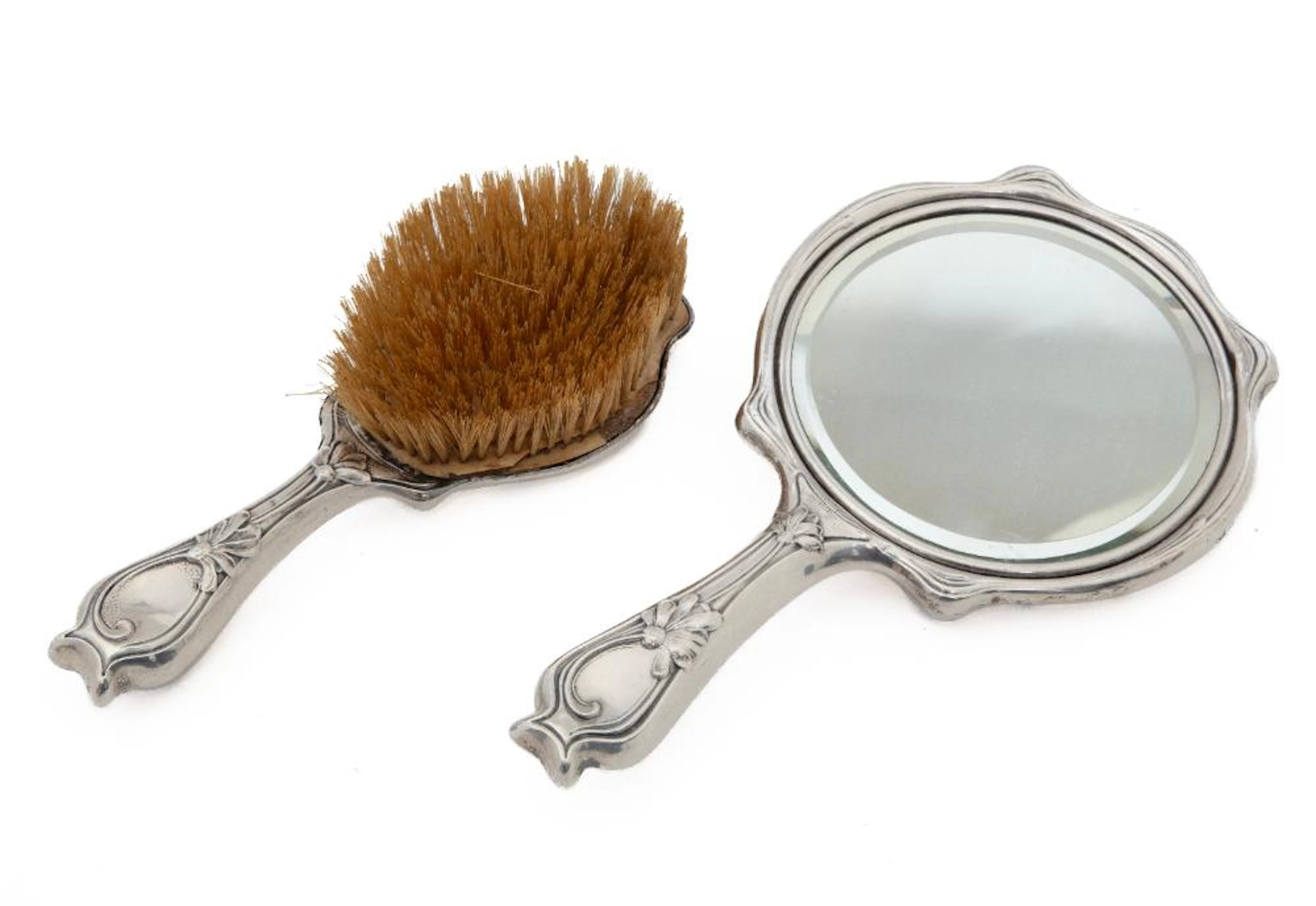 American Art Nouveau Sterling Silver Hand Mirror and Hairbrush.