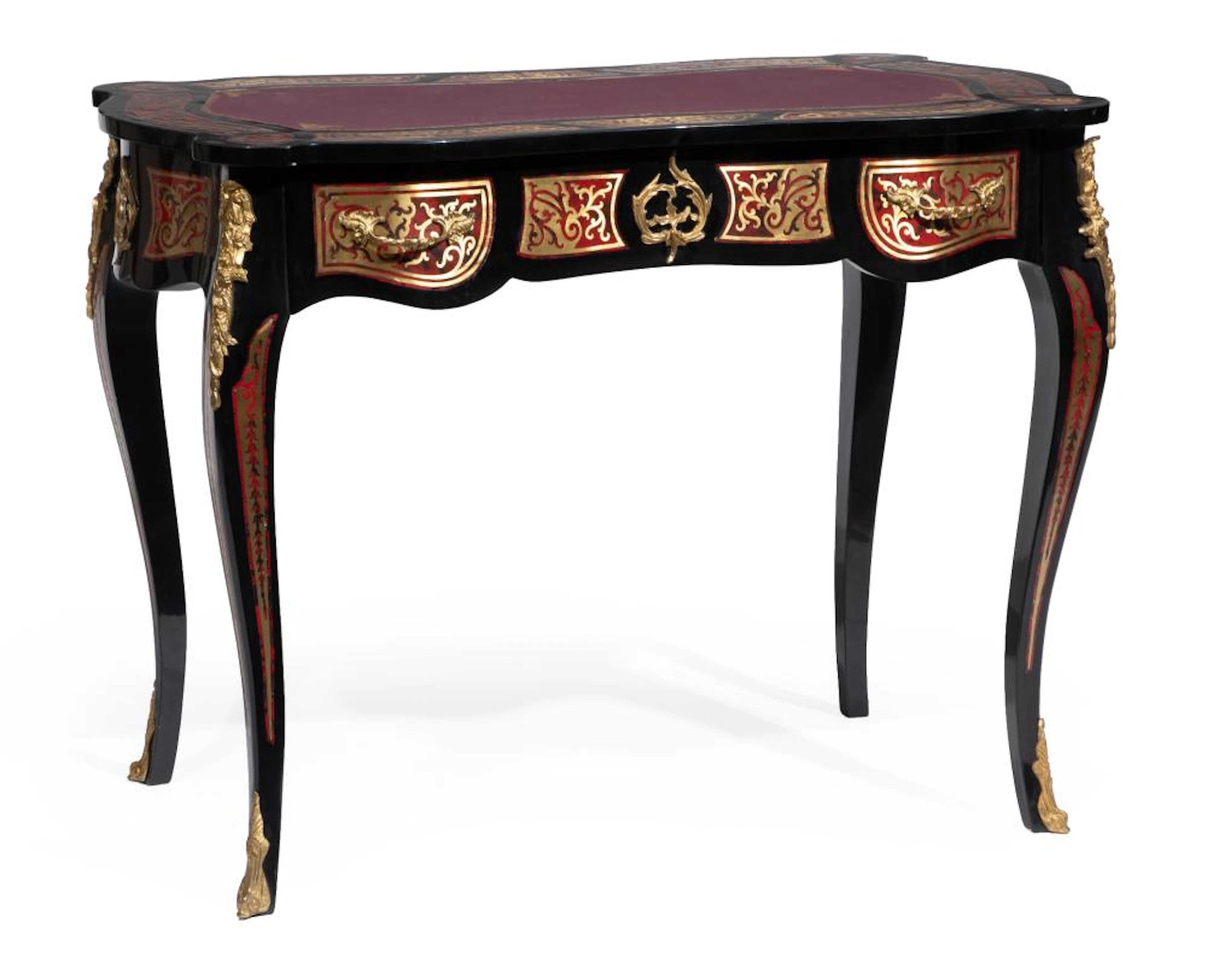 French Inlaid Brass Faux Tortoiseshell and Ebonized Bureau Plat