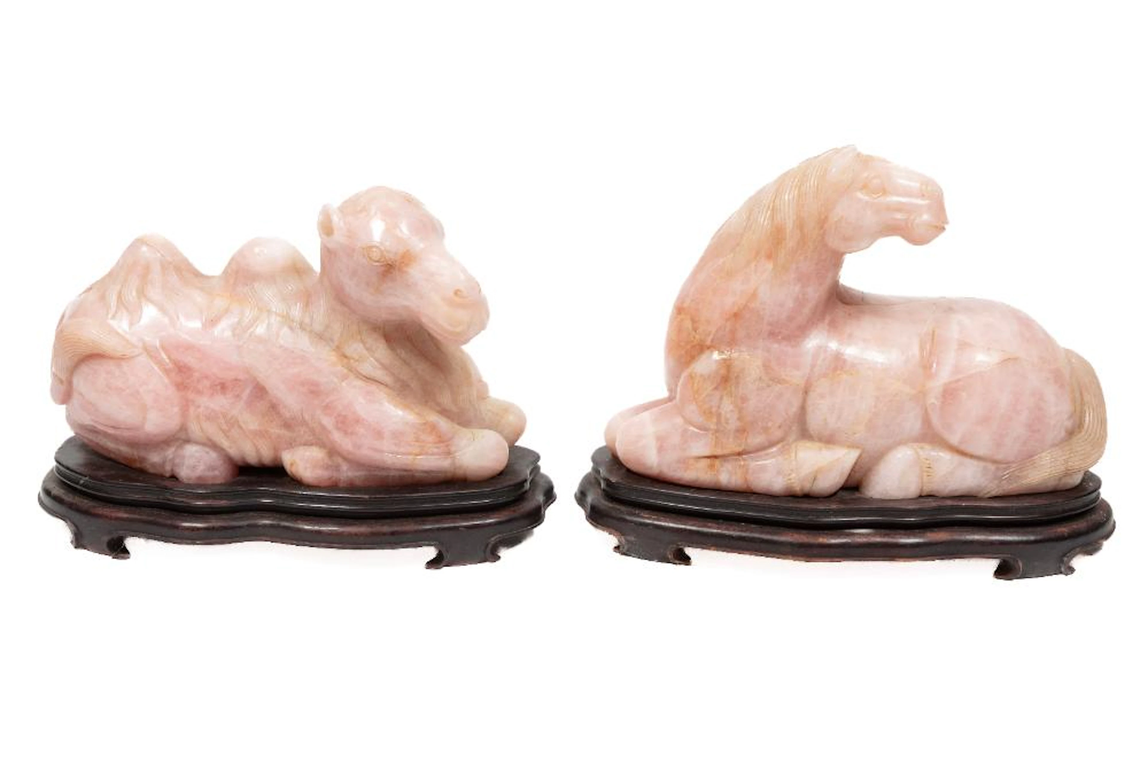 Two Large Chinese Carved Rose Quartz Recumbent Figures