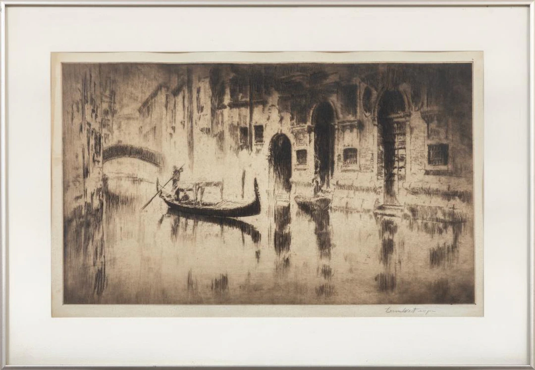 Levon West, Venice Waterway, etching on paper