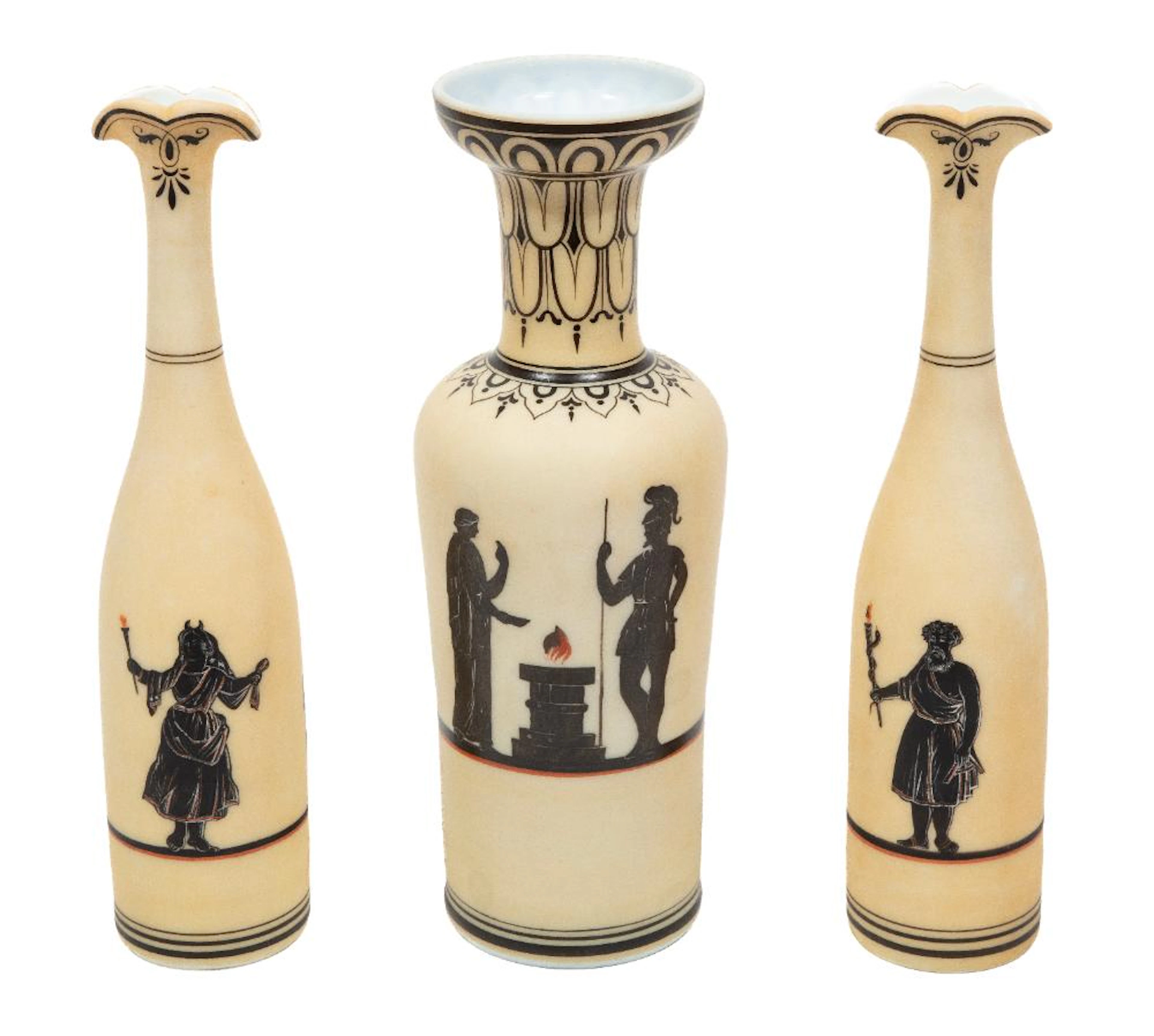 Three English Neo-Grec Enamel-Decorated Bristol Glass Decanters