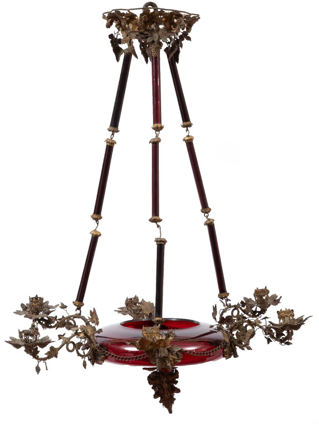 Antique Bronze and Cranberry Glass Six Light Chandelier