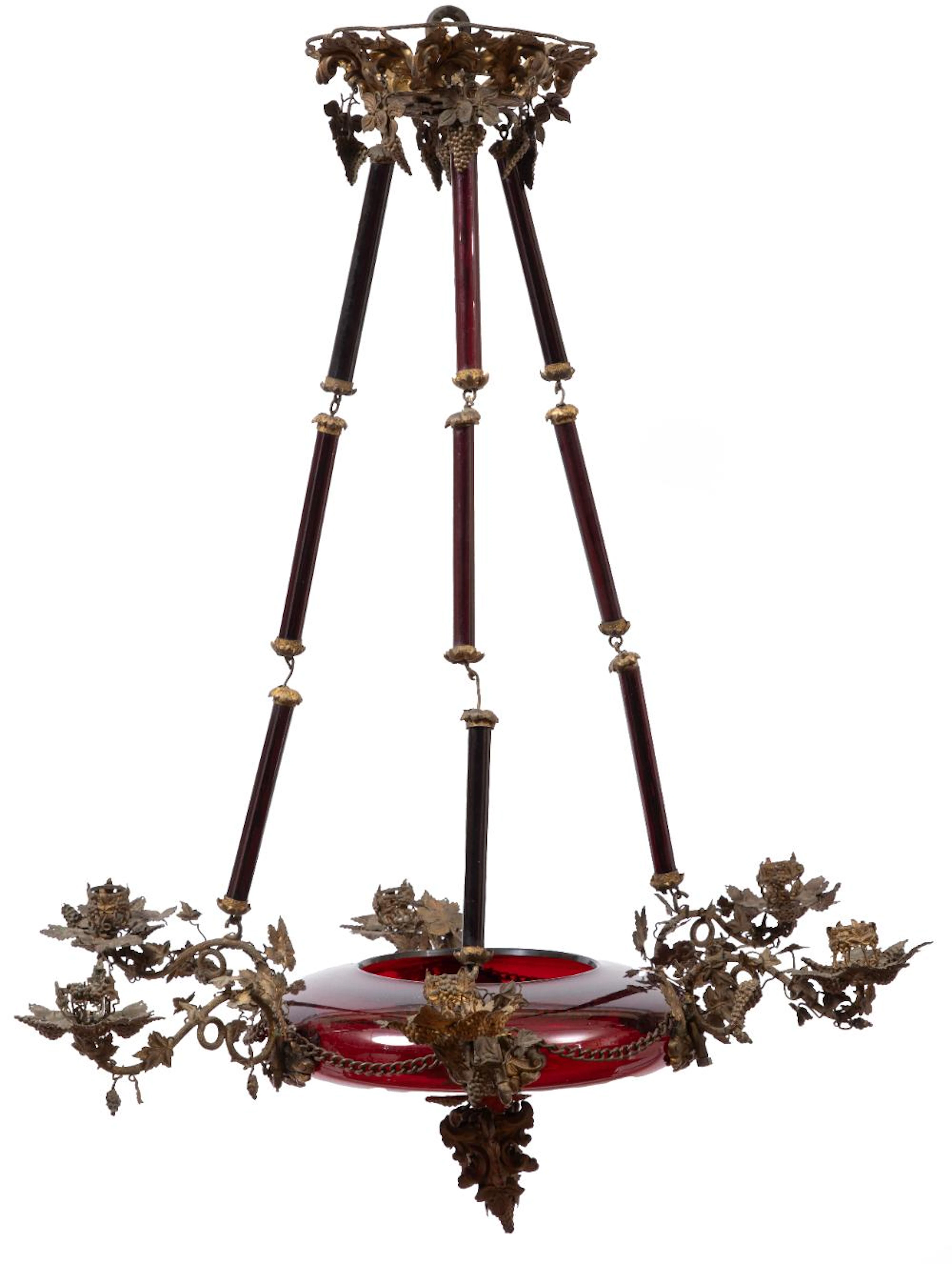 Antique Bronze and Cranberry Glass Six Light Chandelier
