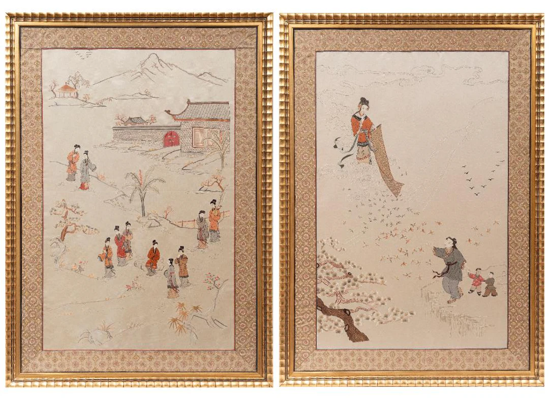 Two Chinese Embroidered Silk Panels
