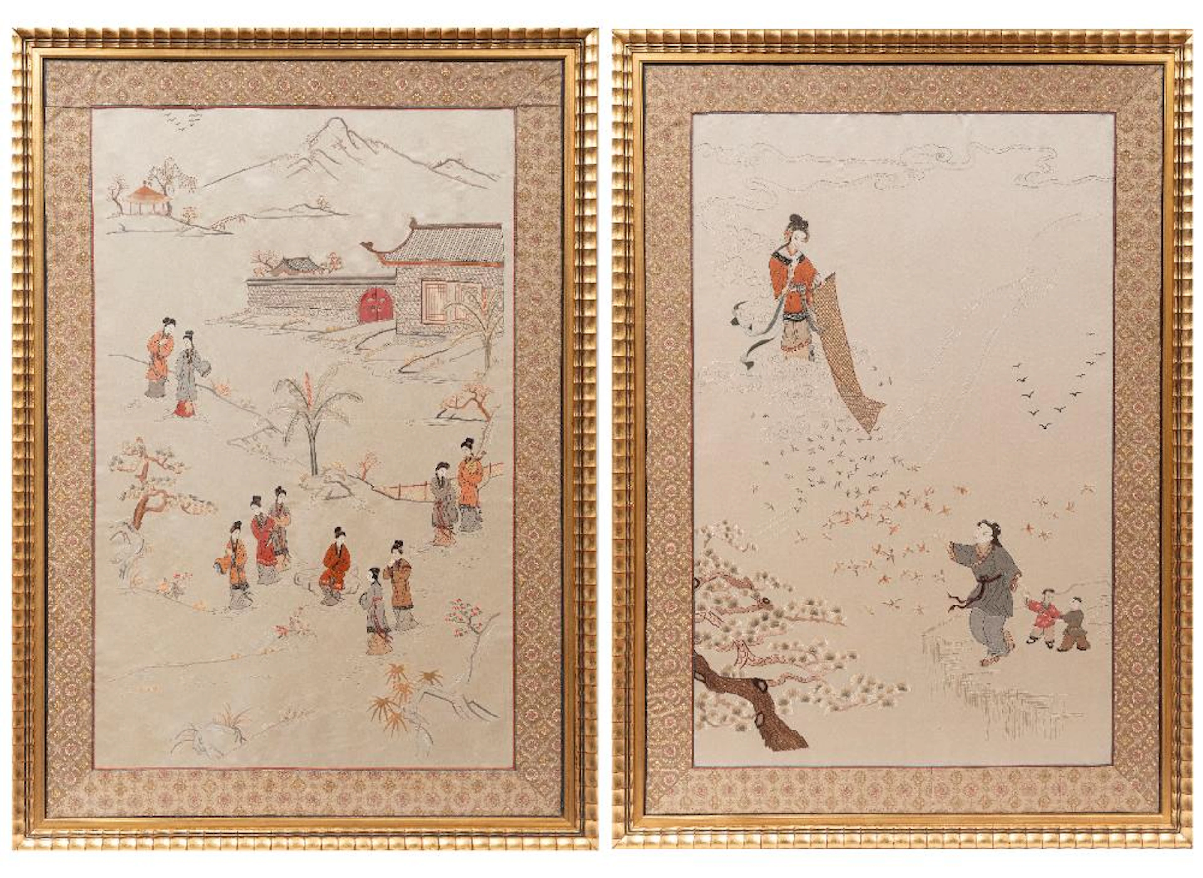 Two Chinese Embroidered Silk Panels
