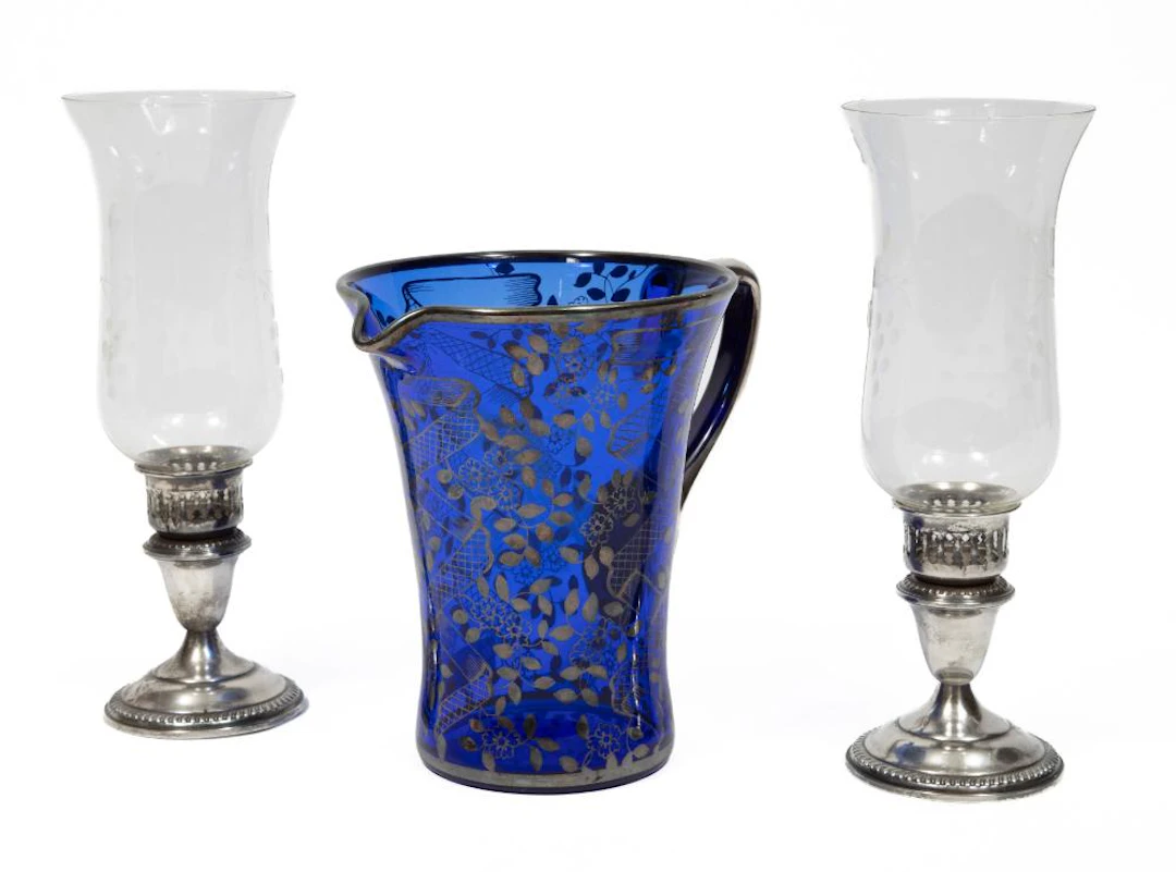 Cobalt Glass Pitcher with Silver Overlay and Silverplate Pair of Hurricane