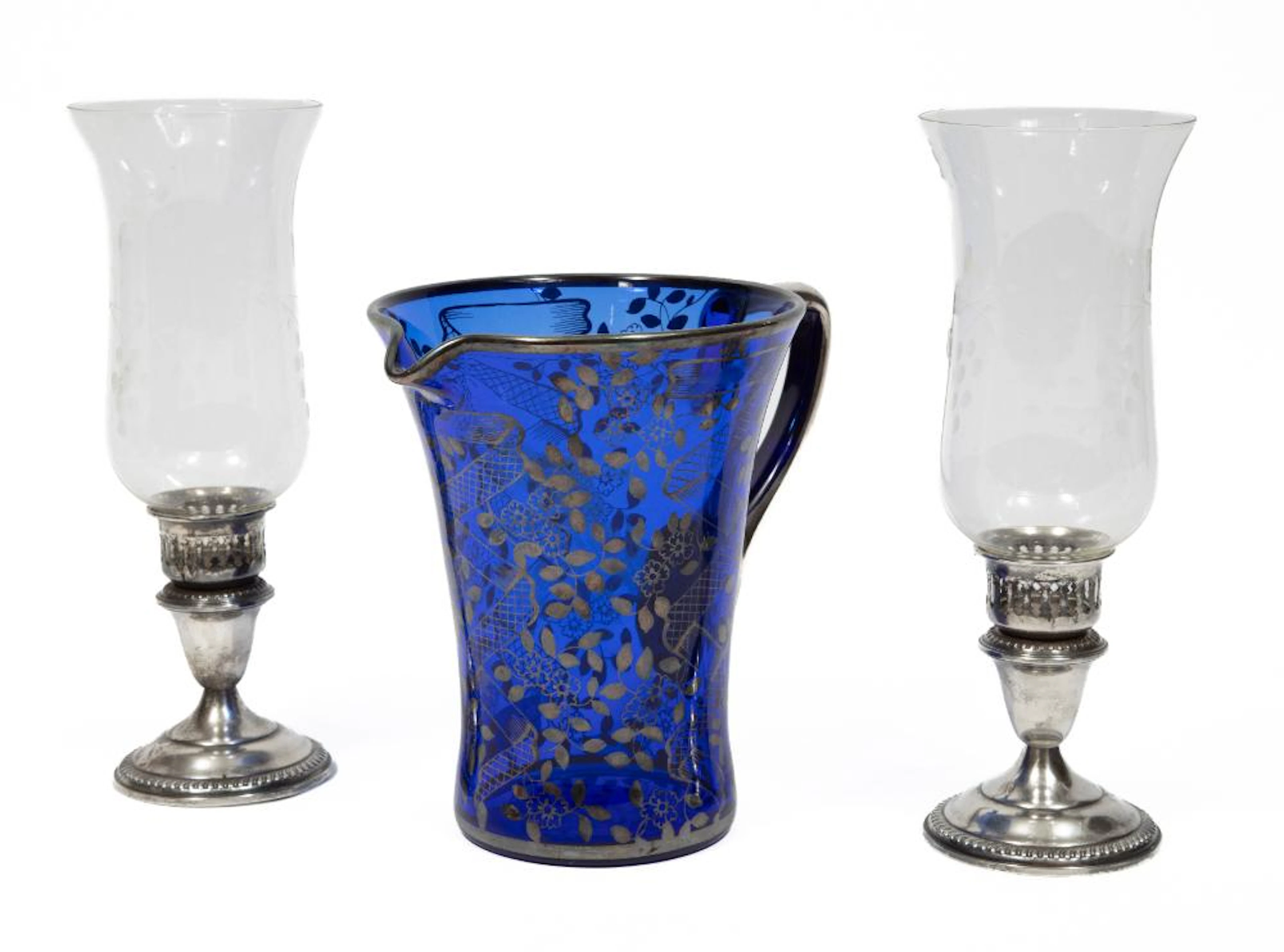 Cobalt Glass Pitcher with Silver Overlay and Silverplate Pair of Hurricane