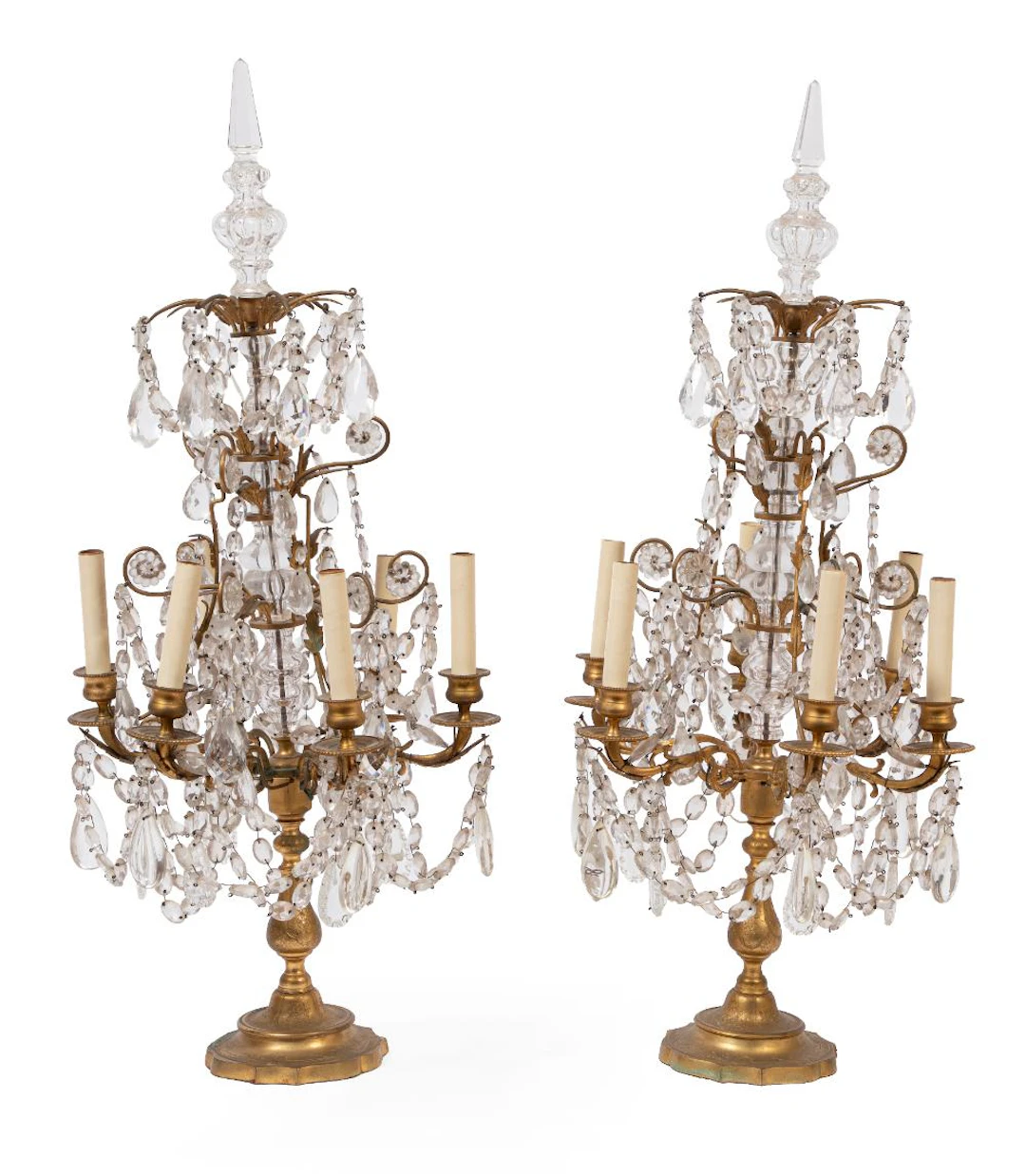 Pair of French Bronze and Cut-Crystal Six Light Girandoles