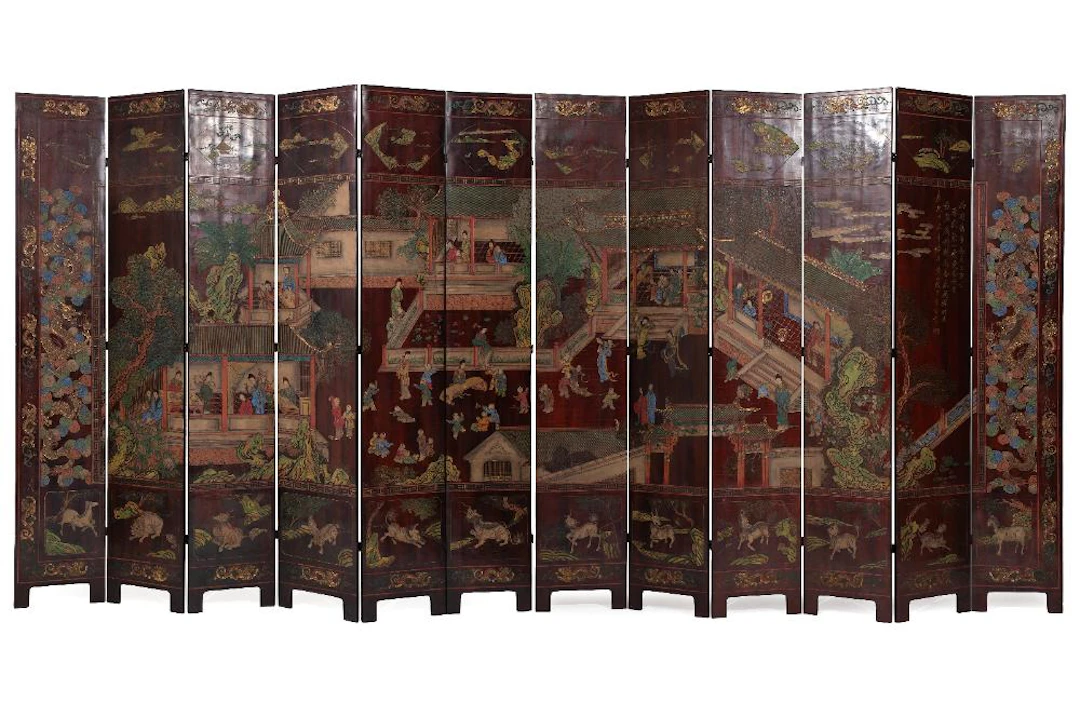 Monumental Chinese Carved and Painted Lacquer Twelve-Panel Folding