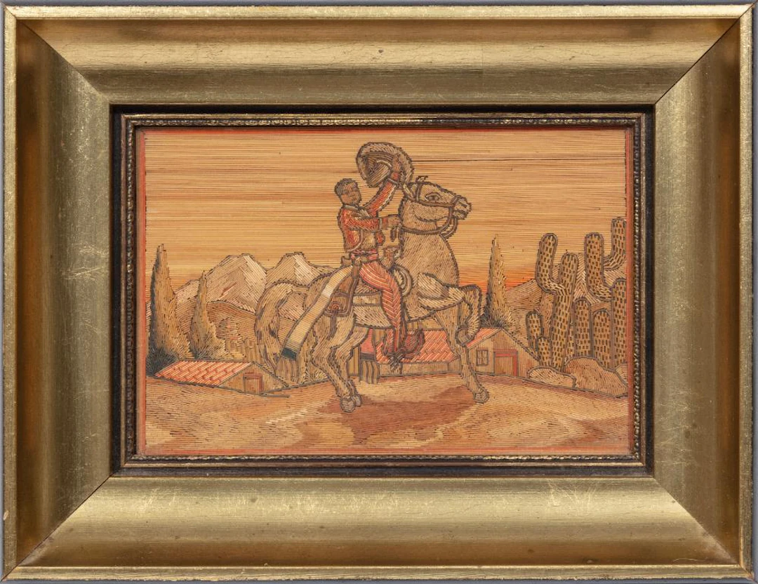 Mexican Popotillo Straw Folk Art Mosiac of a Cowboy