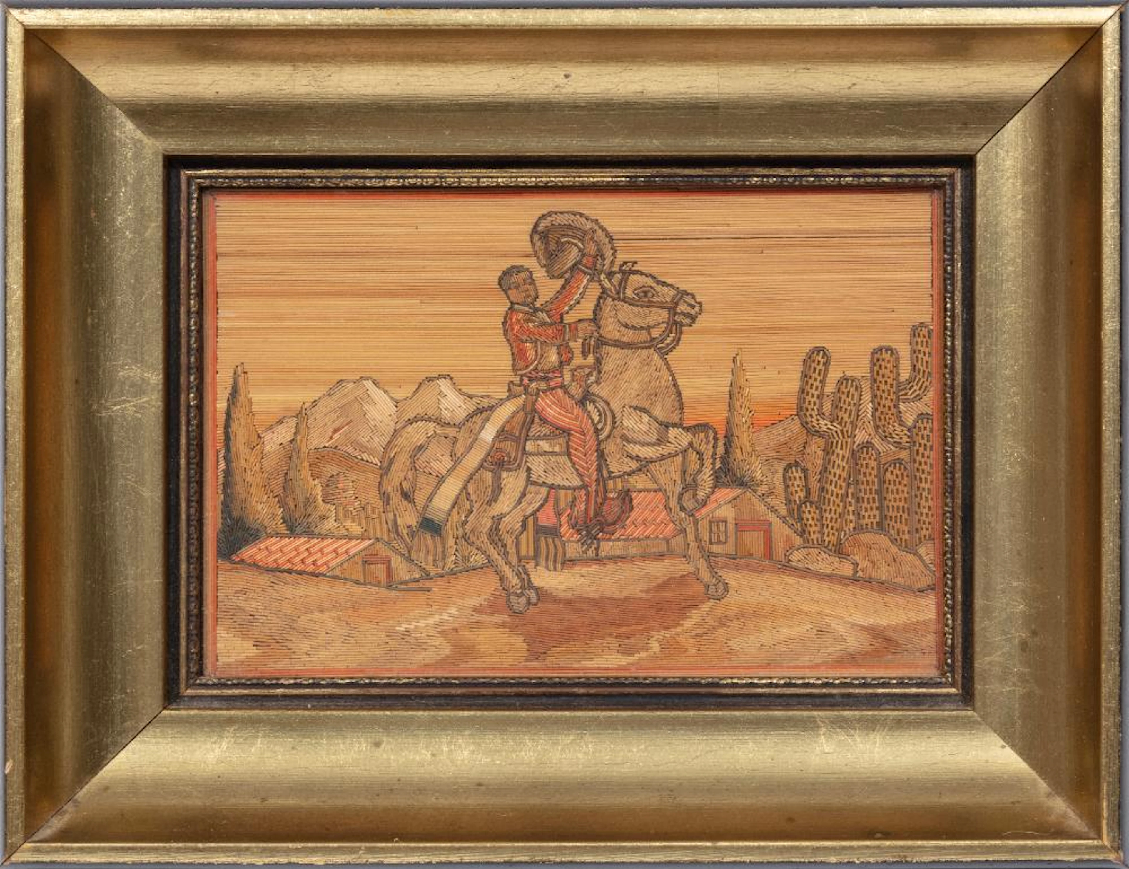Mexican Popotillo Straw Folk Art Mosiac of a Cowboy