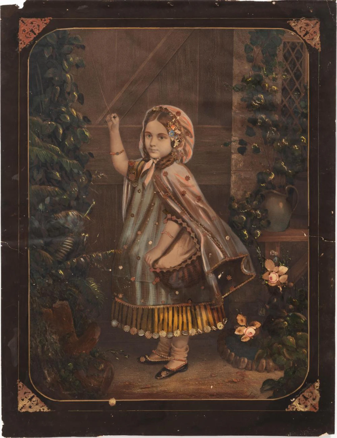 American School, 19th c., Young Girl in a Garden, hand-colored engraving