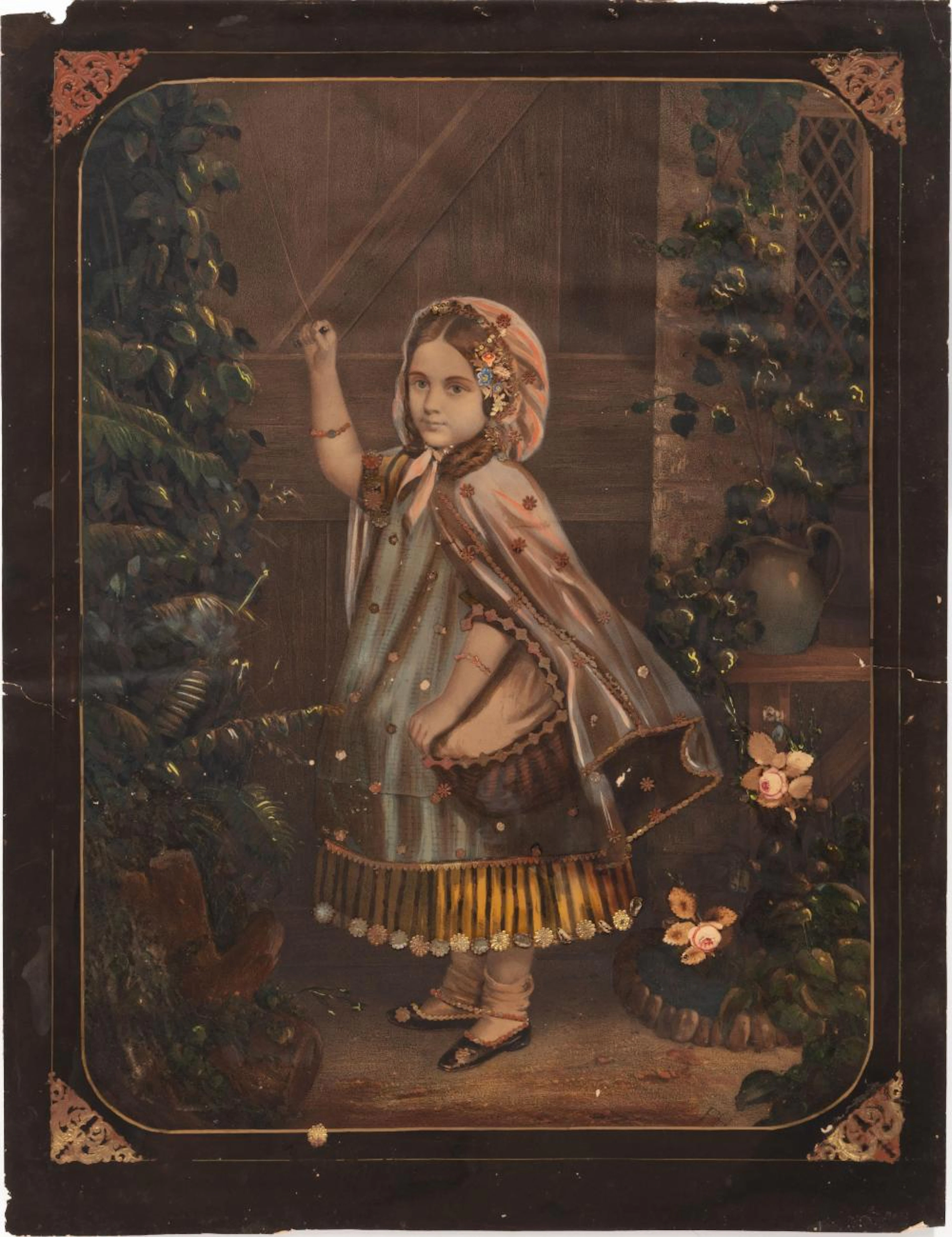 American School, 19th c., Young Girl in a Garden, hand-colored engraving