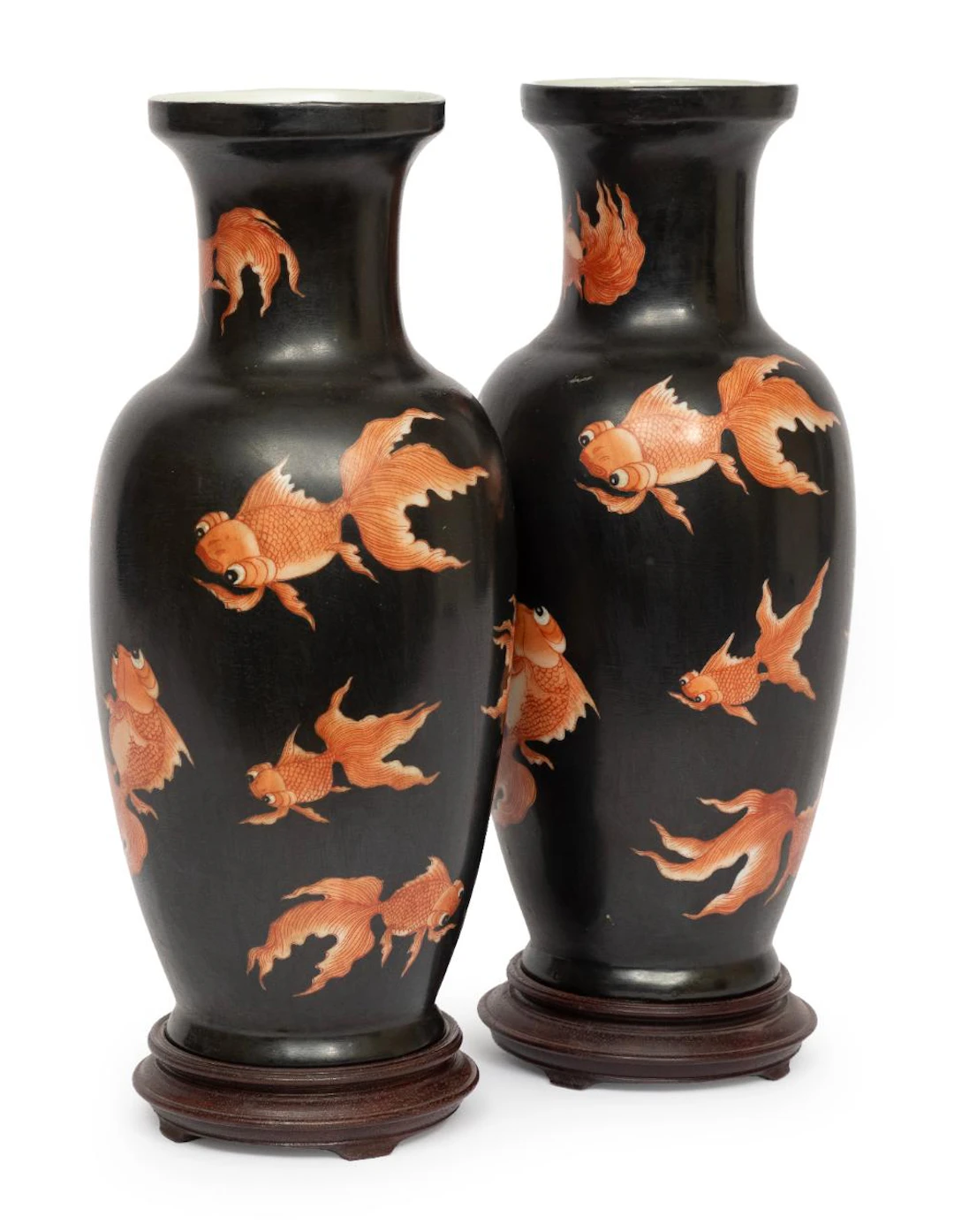 Pair of Chinese Iron Red Decorated Black Ground Vases