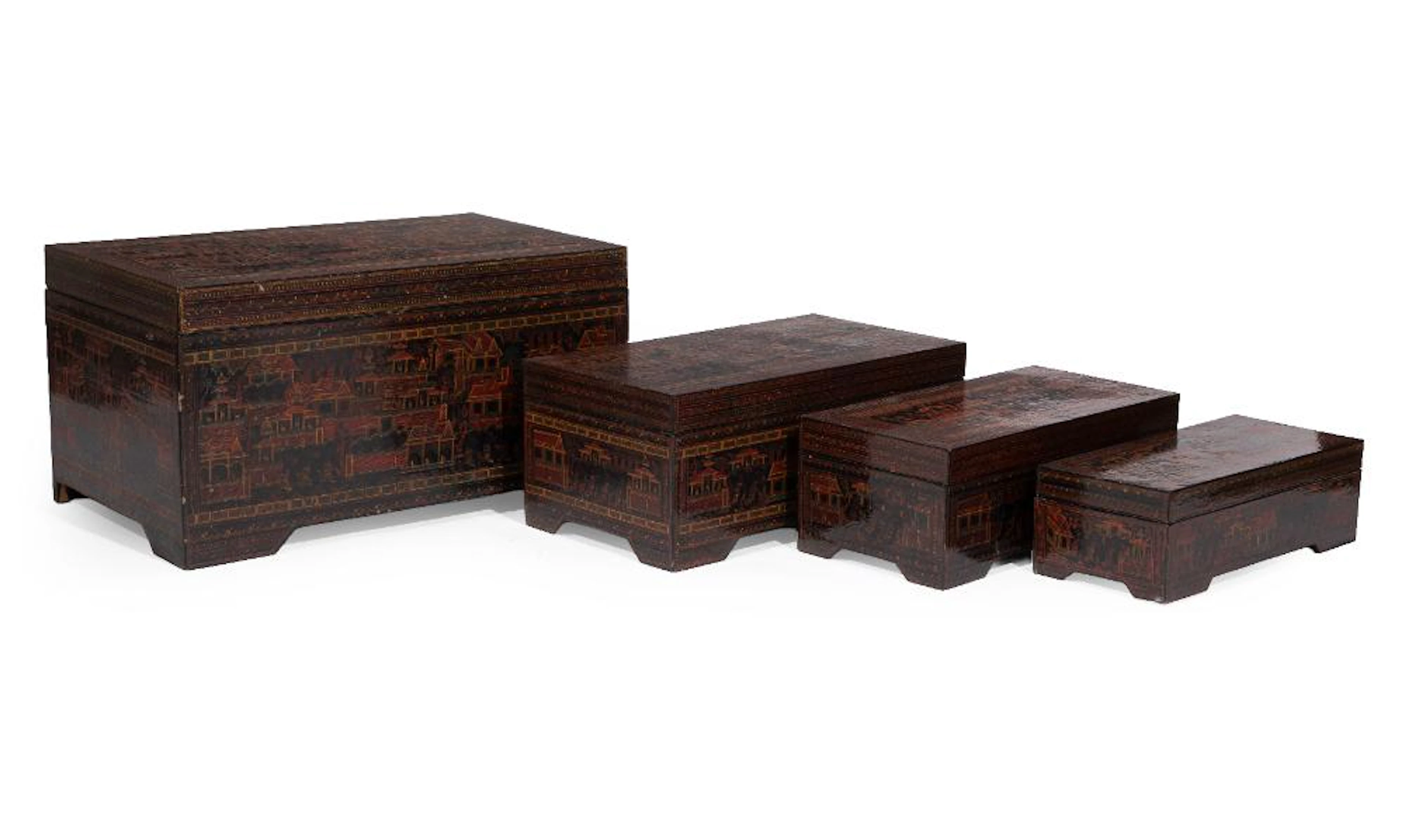 Set of Four Polychrome Painted Lacquer Nesting Travel Boxes or Trunks