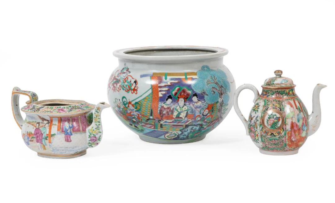 Two Chinese Export Family Rose Porcelain Teapots and Bowl