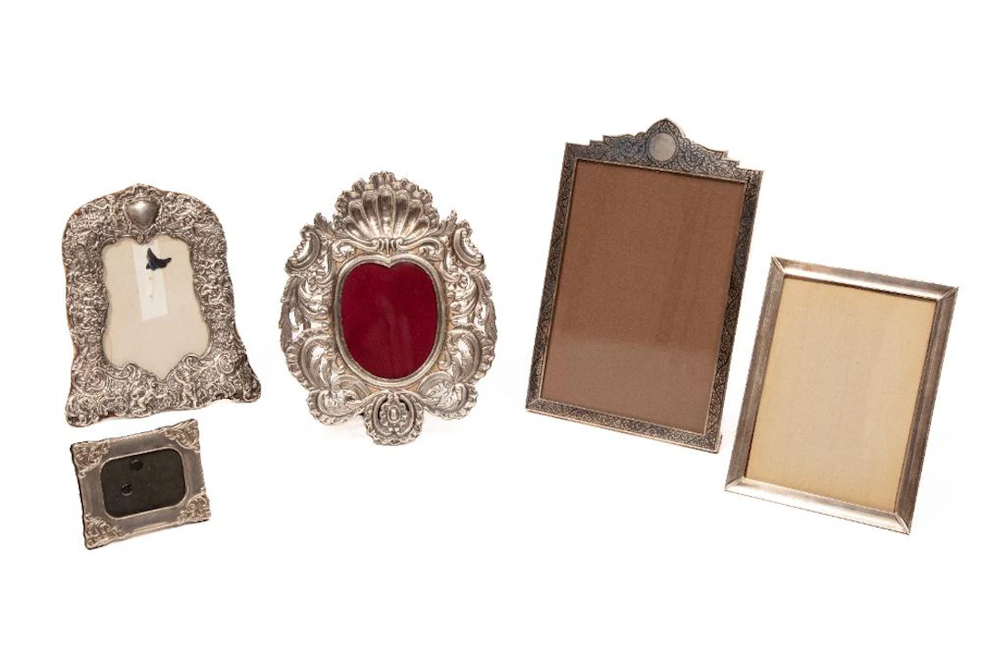 Group of Five Silver or Silverplate Picture Frames
