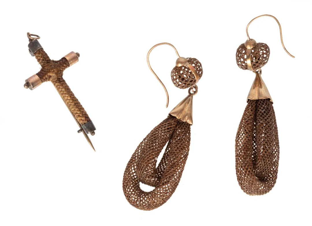 Pair of Antique Yellow Gold and Hairwork Pendant Earrings and Cross Pendant