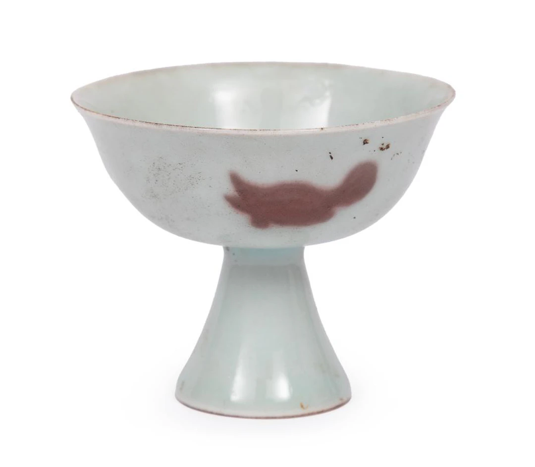 Chinese Copper Red Splashed Porcelain "Three Fish" Stem Cup