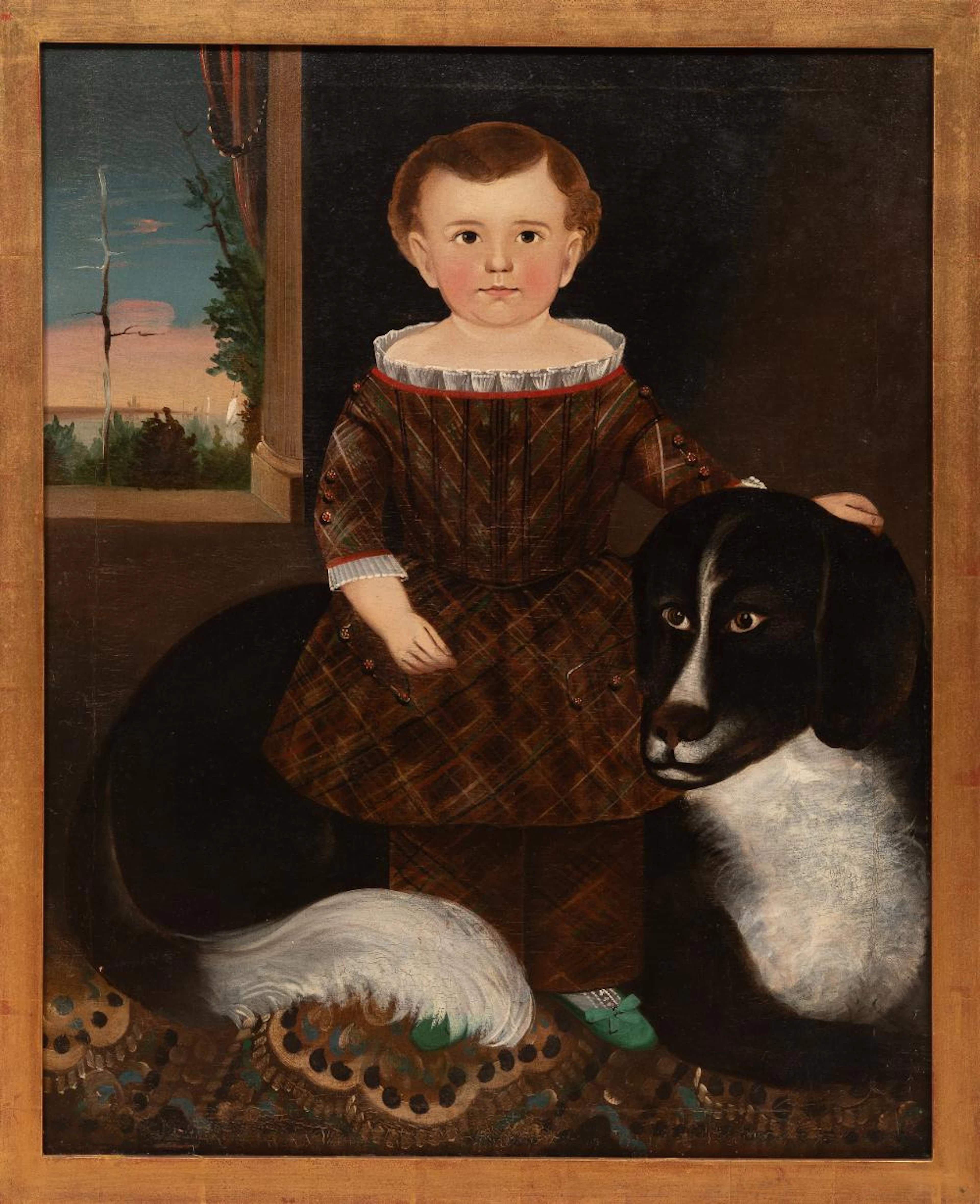 American School, 19th c., Child With Dog, oil on canvas