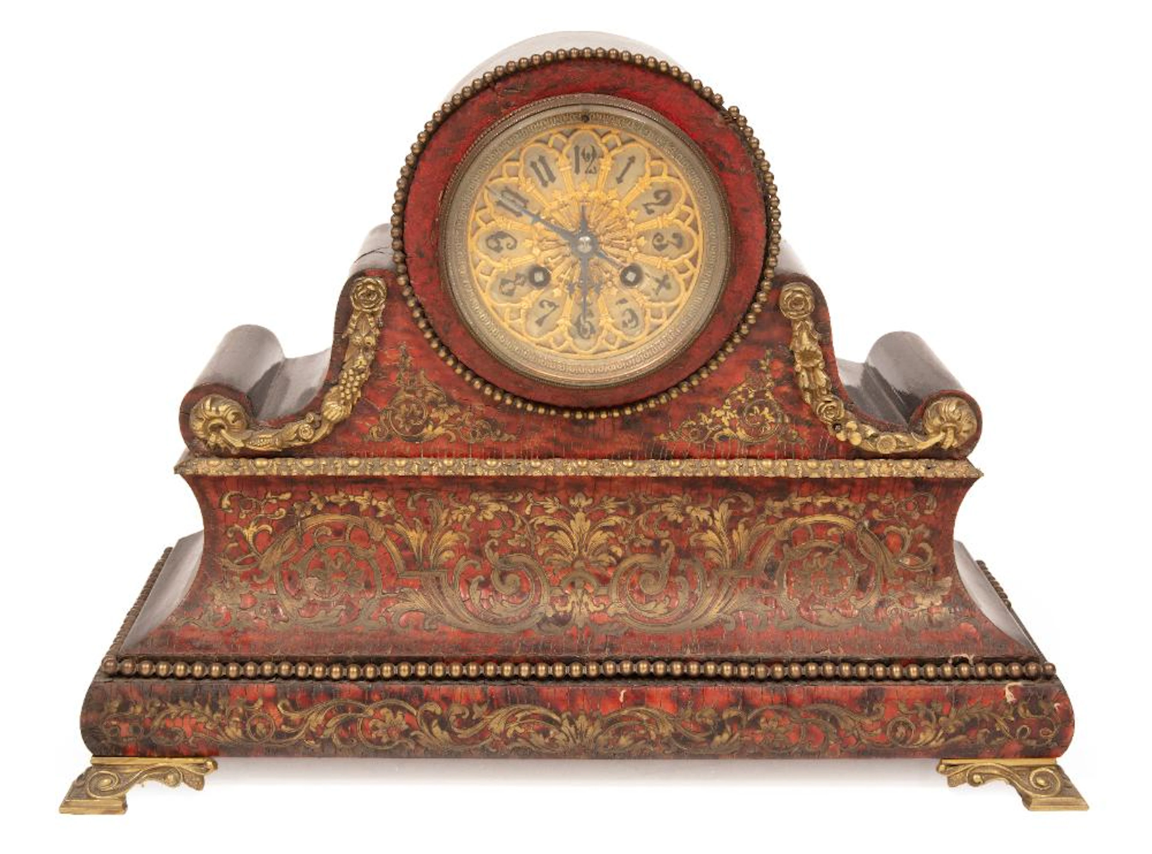 Antique French Boulle-Style Brass-Inlaid Tortoiseshell Mantel Clock