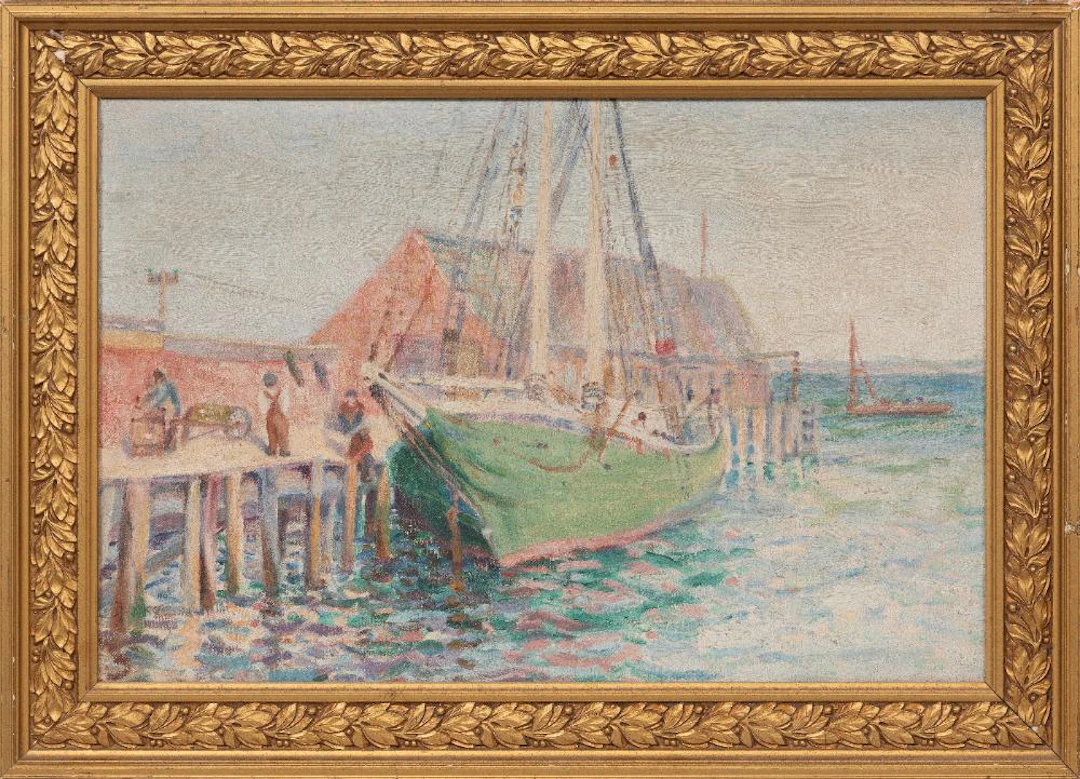 American School, early 20th c., Ship at Dock, oil on canvas laid on board