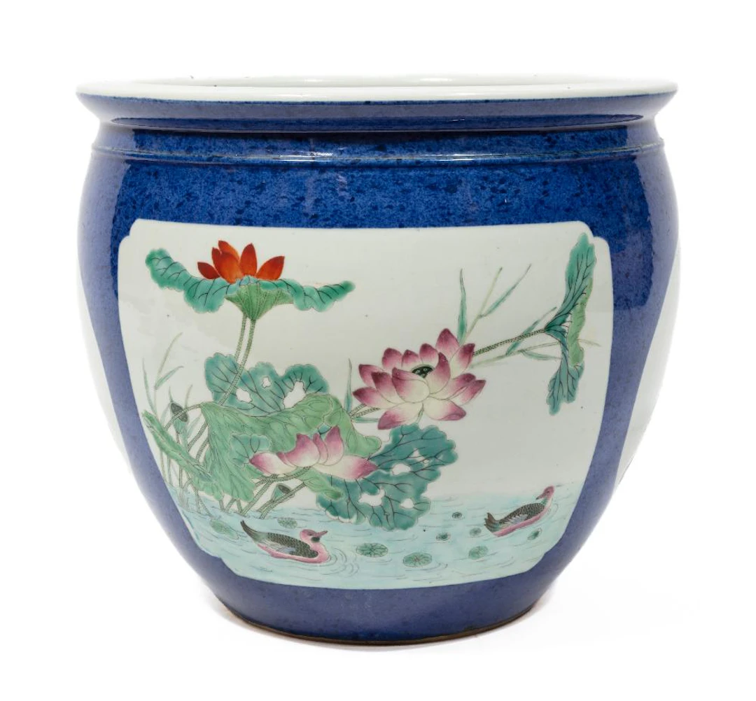 Decorative Chinese Blue Ground Famille Rose Porcelain Fishbowl