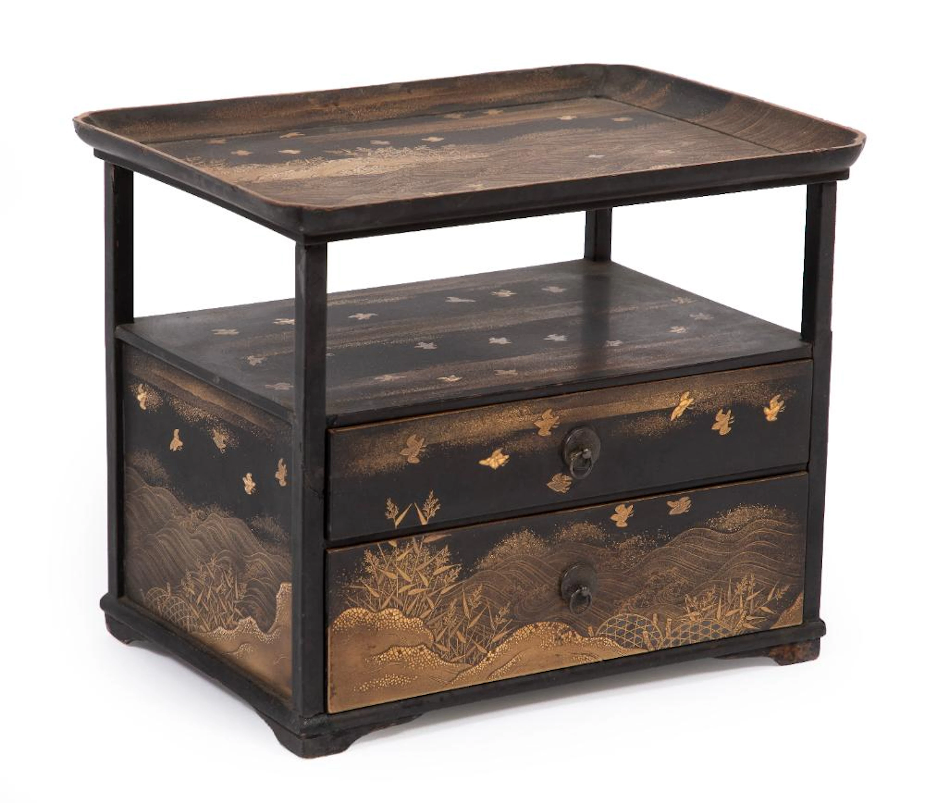 Japanese Gilt and Silver Decorated Black Lacquer Portable Hanagamidai