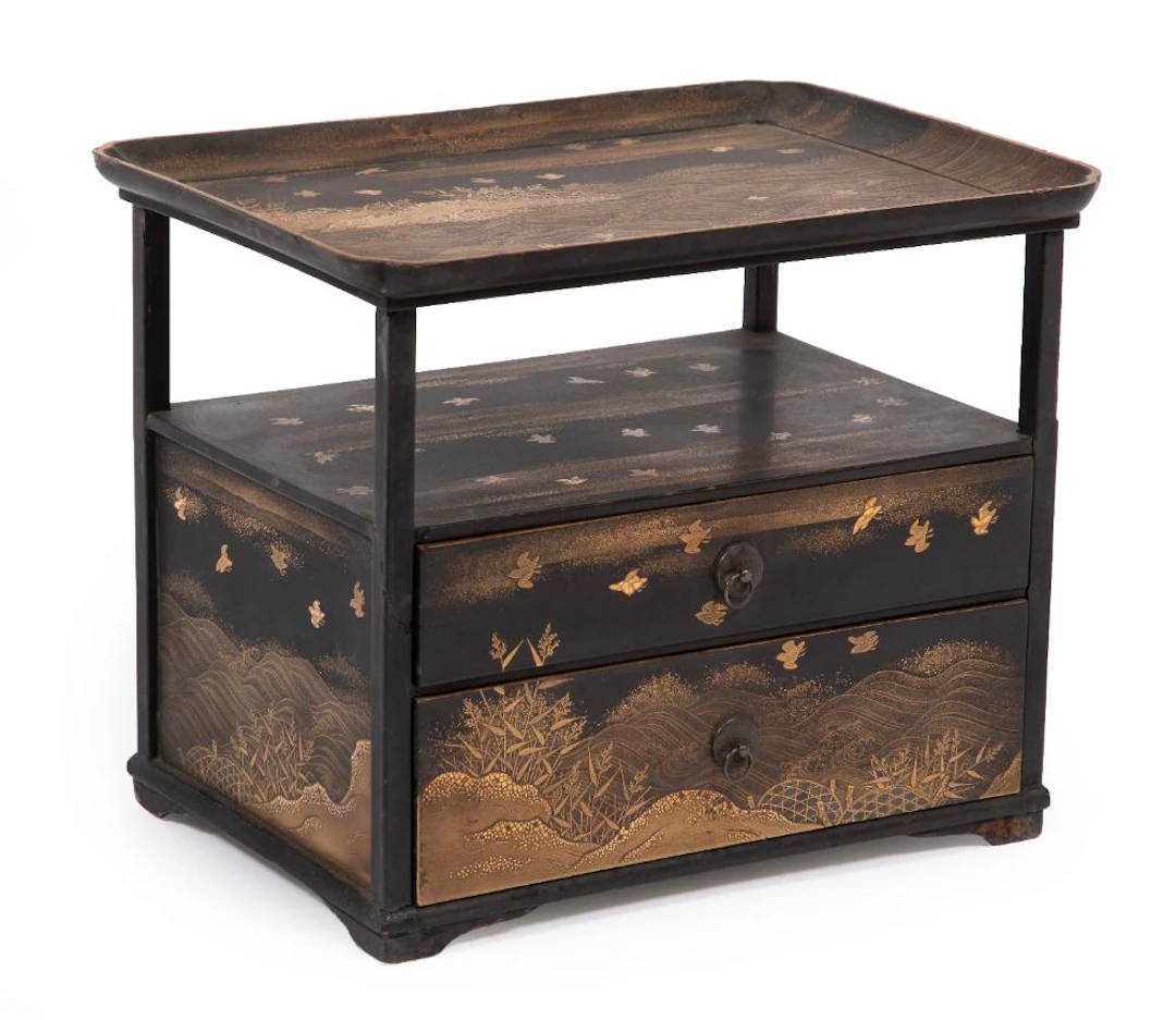 Japanese Gilt and Silver Decorated Black Lacquer Portable Hanagamidai