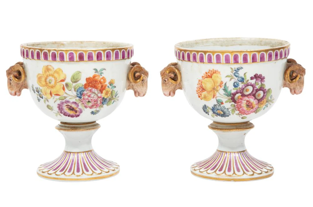 Pair of Meissen Porcelain Polychrome and Gilt-Decorated Urns