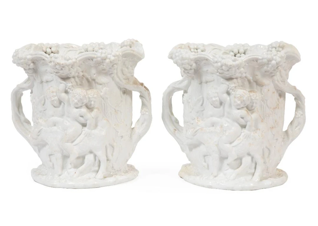 Pair of Jacop Petit Bacchanalian Bisque Porcelain Wine Coolers