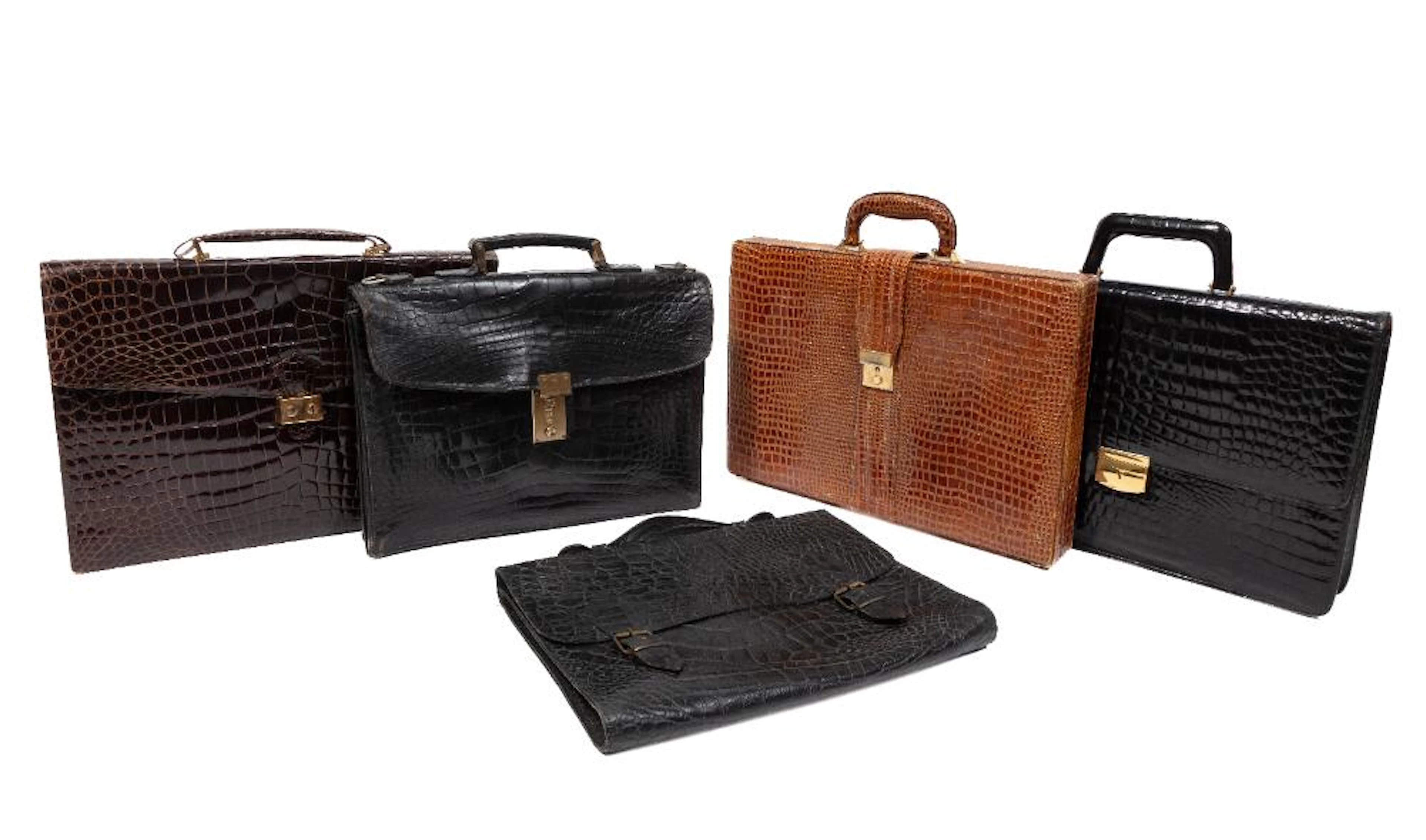 Group of Five Vintage Crocodile Leather Briefcases