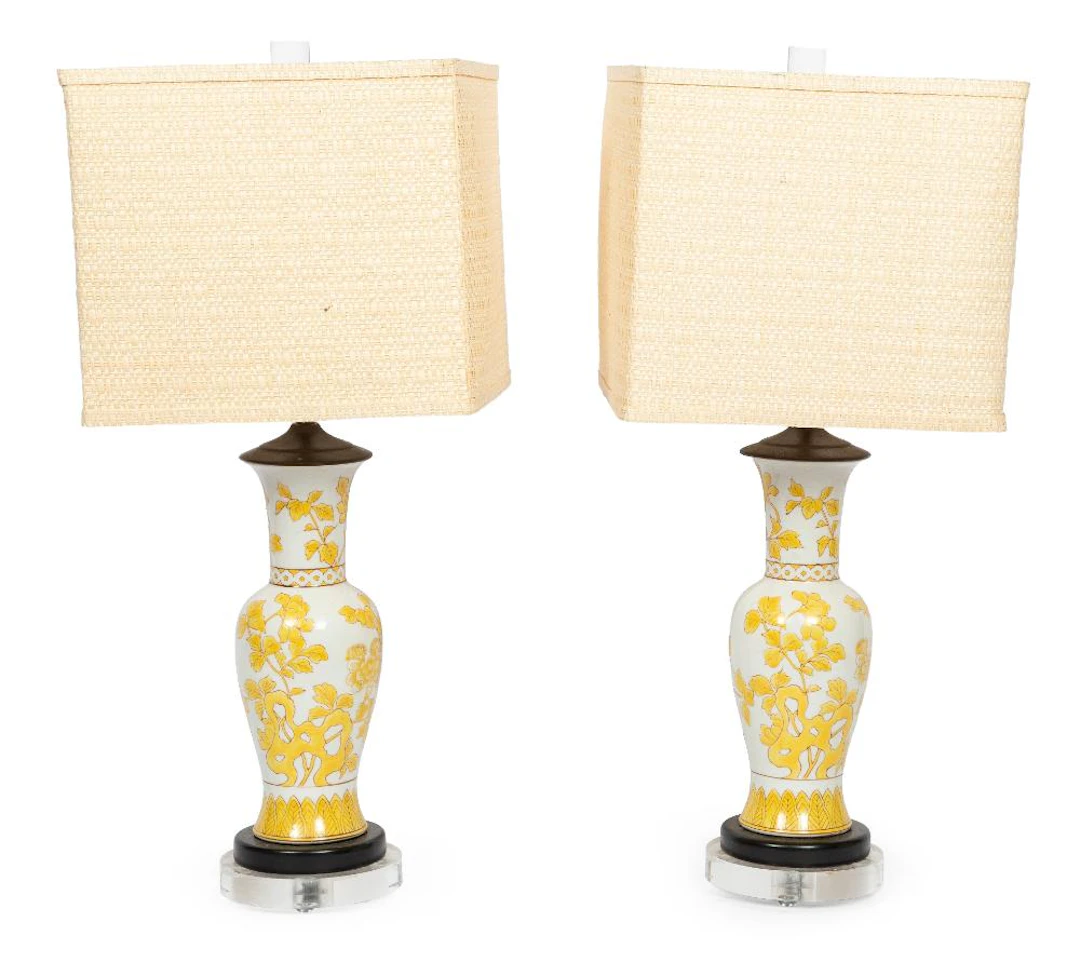 Pair of Chinese Yellow Decorated White Porcelain Vase-Form Lamps