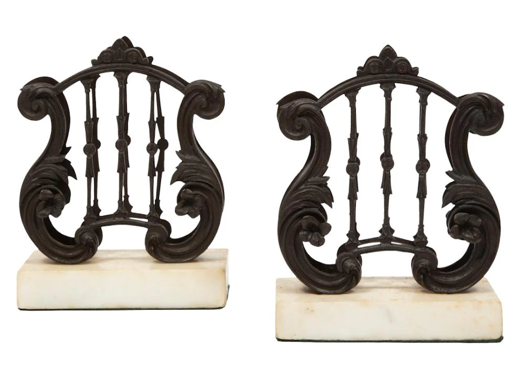 Pair of Victorian Patinated Bronze Lyre-Form Mantel Decorations or