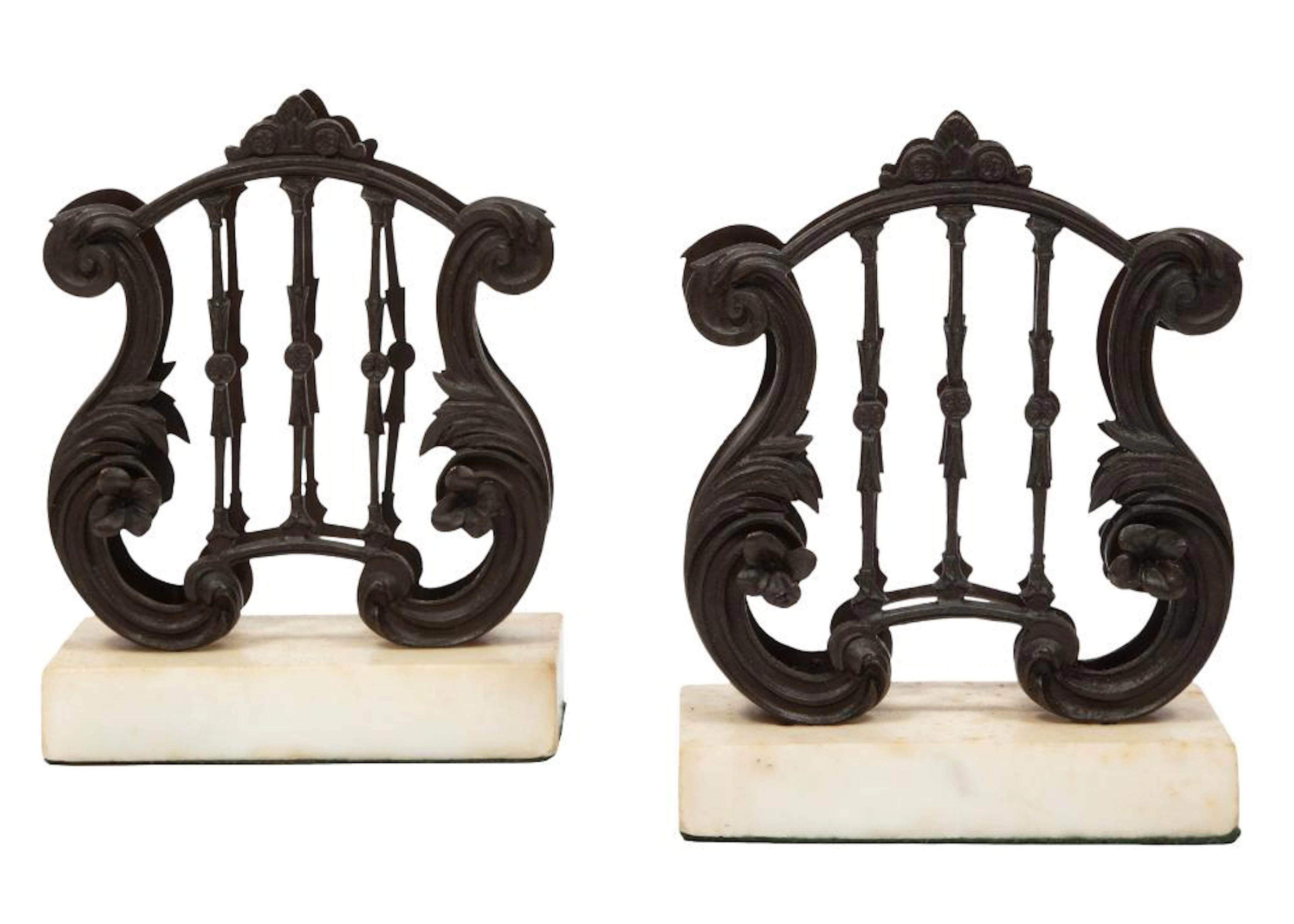 Pair of Victorian Patinated Bronze Lyre-Form Mantel Decorations or