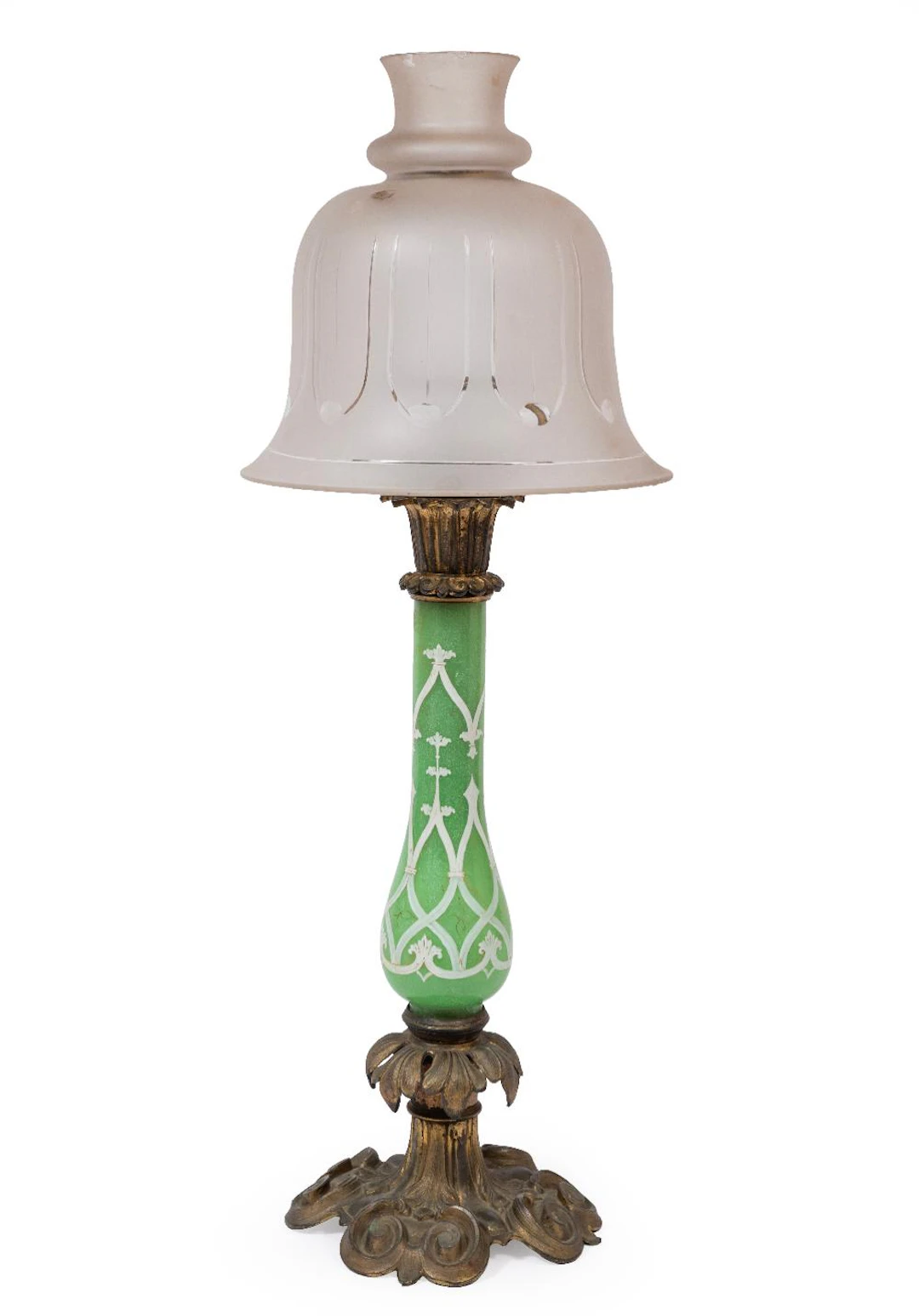 Large Antique English Opaline Glass and Gilt Brass Table Lamp