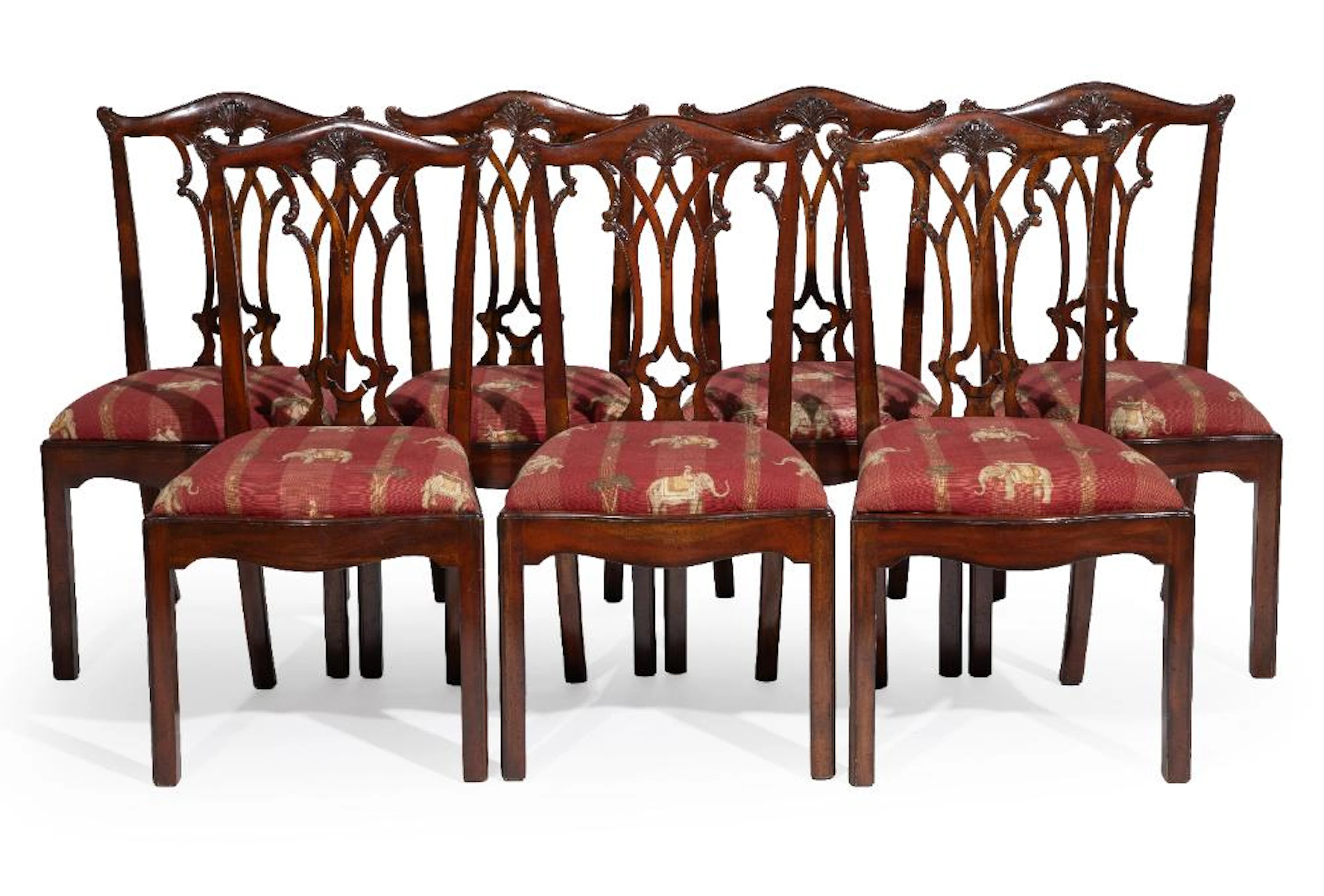 Set of Seven Chippendale-Style Carved Mahogany Dining Chairs