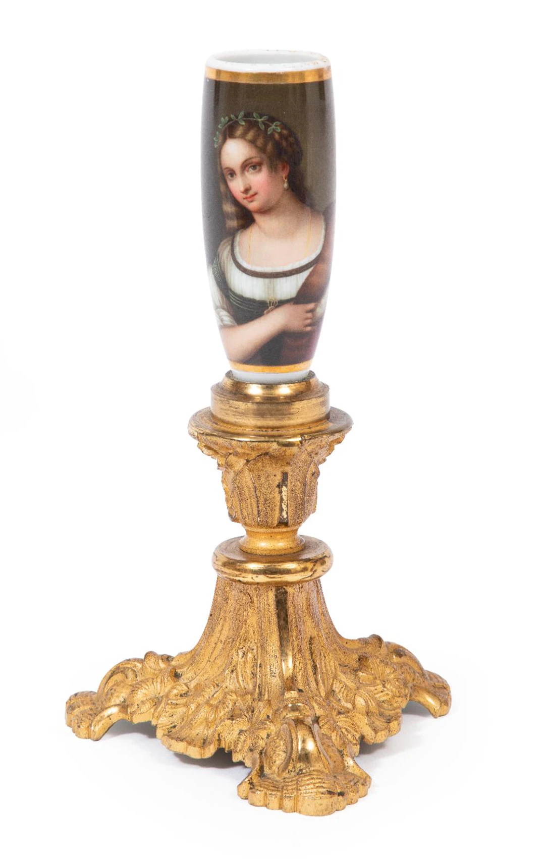 French Polychrome and Gilt-Decorated Porcelain and Gilt-Bronze Bud Vase