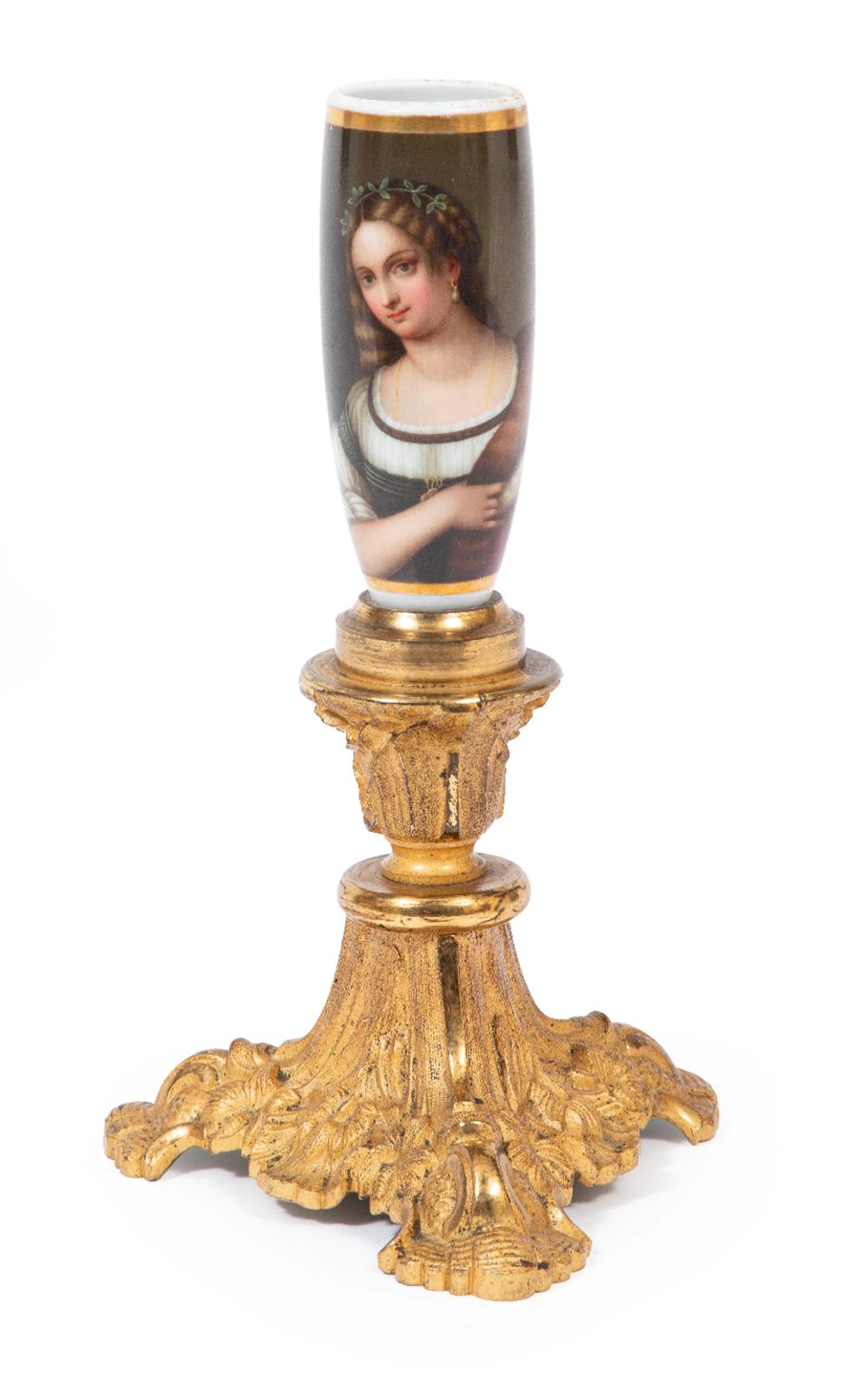 French Polychrome and Gilt-Decorated Porcelain and Gilt-Bronze Bud Vase