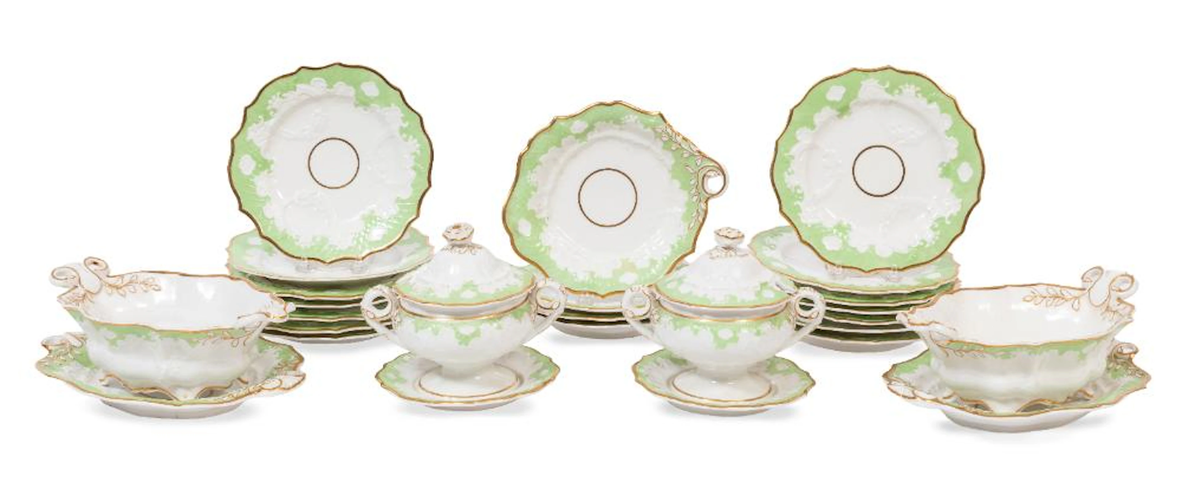 English Molded Porcelain Celadon Green Gilt-Decorated Service, 22 pcs.